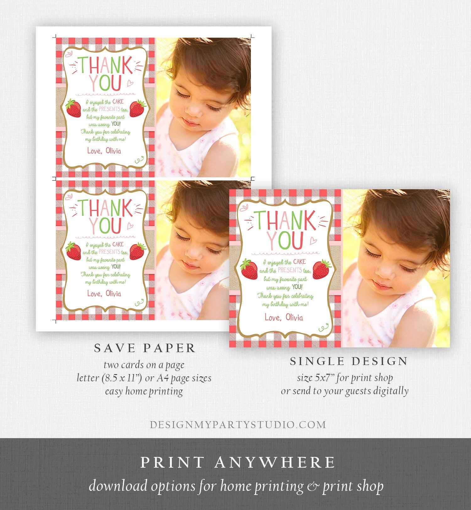 Editable Strawberry Thank You Card Birthday Strawberry First Birthday Girl Farmers Market Berry Sweet Download Printable Template Corjl 0091