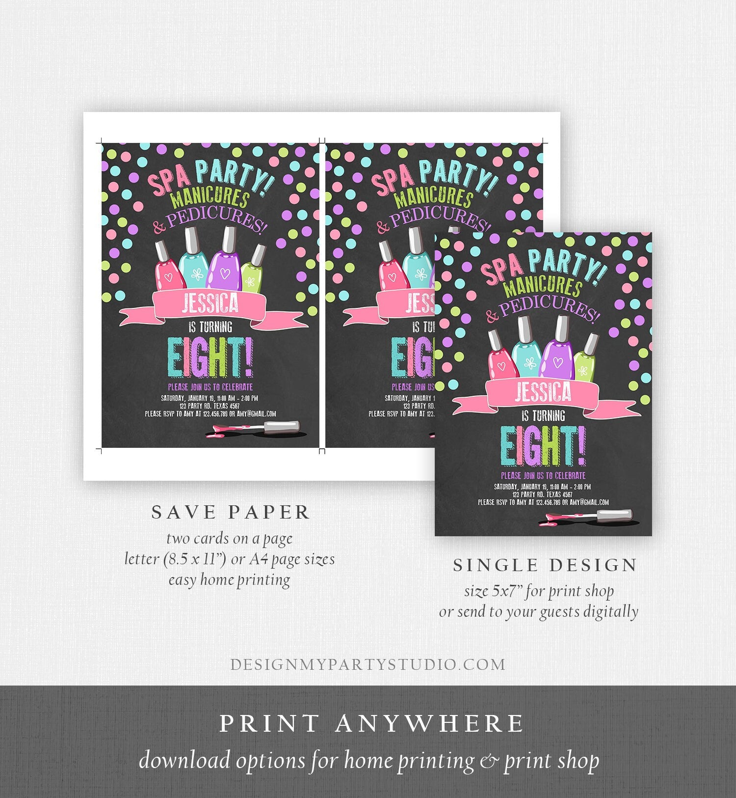 Editable Spa Birthday Invitation Manicures Pedicure Nail Salon Party Pink Purple Girl Digital Download Corjl Template Printable 0210