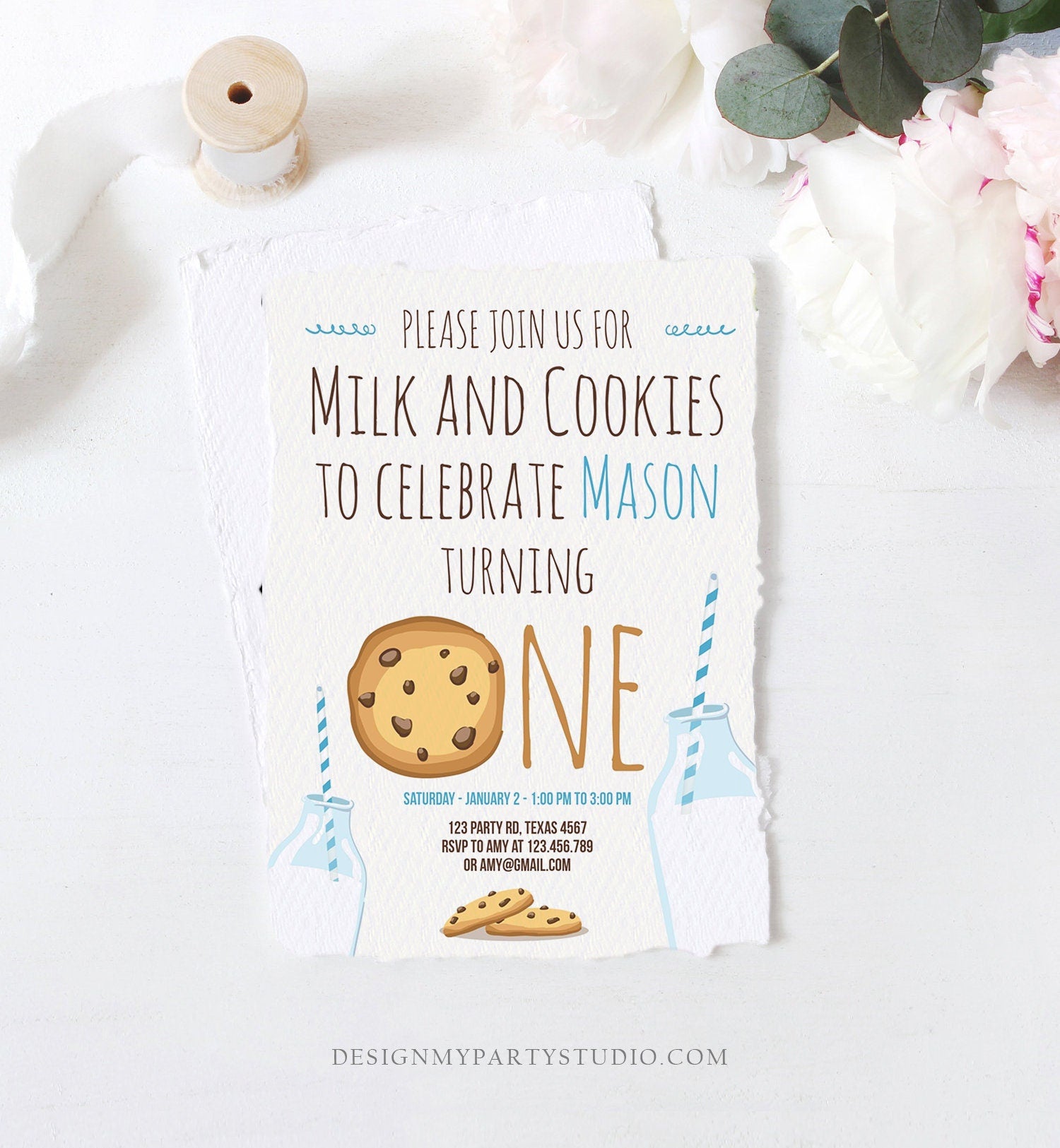 Editable Milk and Cookies Birthday Invitation Milk & Cookies Party Boy Birthday Blue First Birthday Printable Invitation Template Corjl 0088