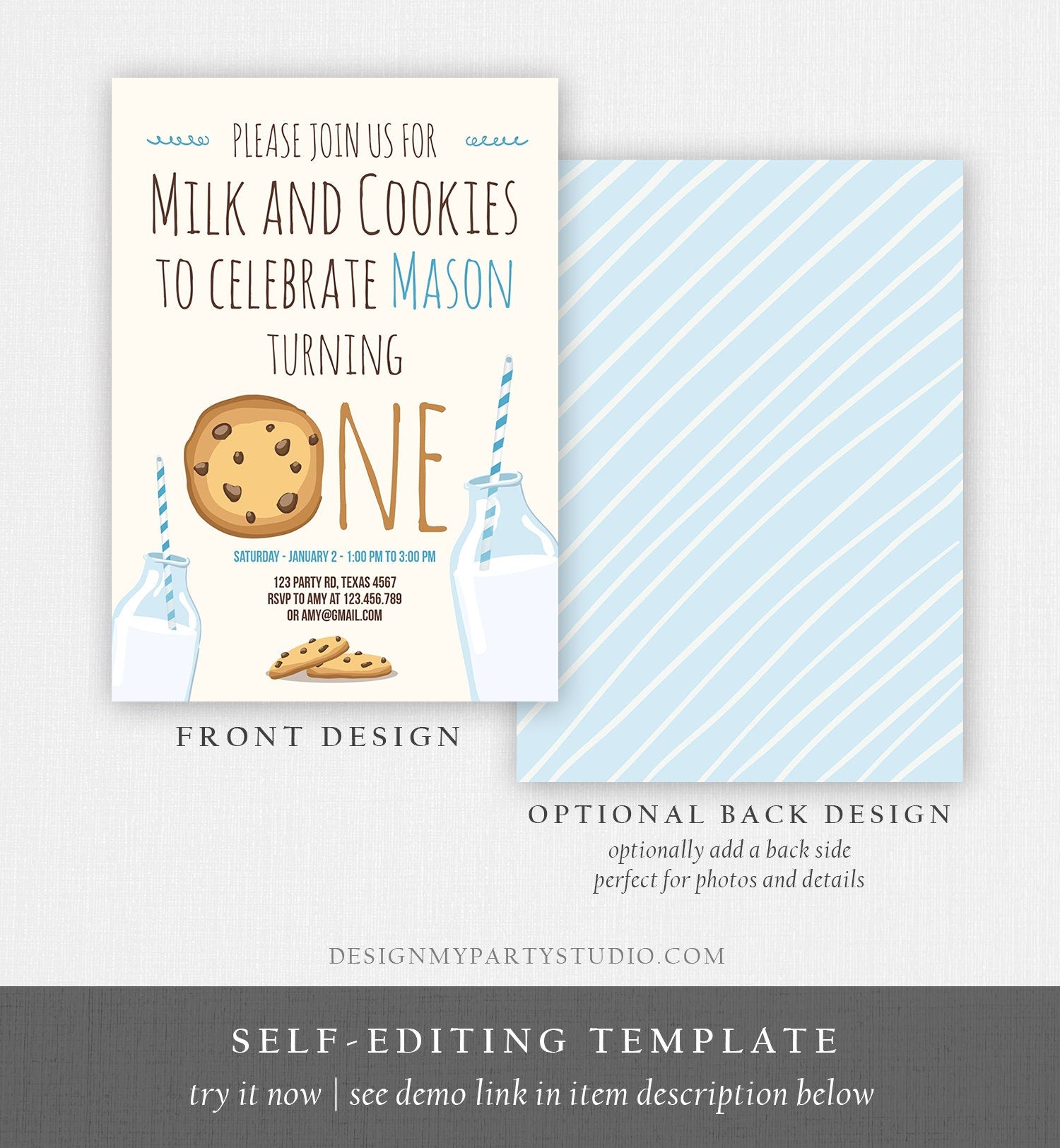 Editable Milk and Cookies Birthday Invitation Milk & Cookies Party Boy Birthday Blue First Birthday Printable Invitation Template Corjl 0088