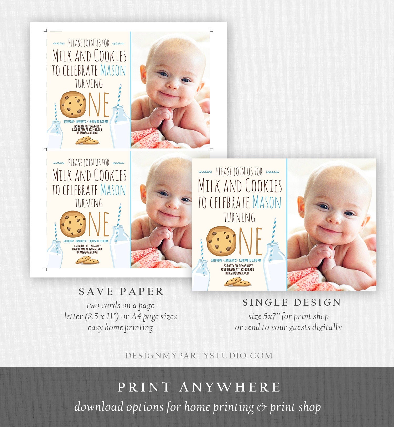 Editable Milk and Cookies Birthday Invitation Milk & Cookies Party Boy Birthday Blue First Birthday Printable Invitation Template Corjl 0088