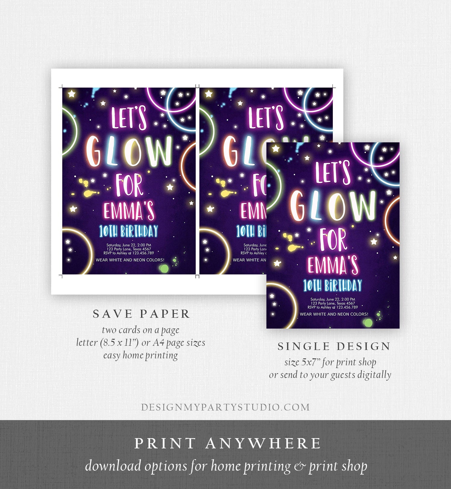 Editable Glow Birthday Invitation Glow Party Invite Neon Glow In The Dark Girls Teen Pink Digital Download Evite Template Printable 0172