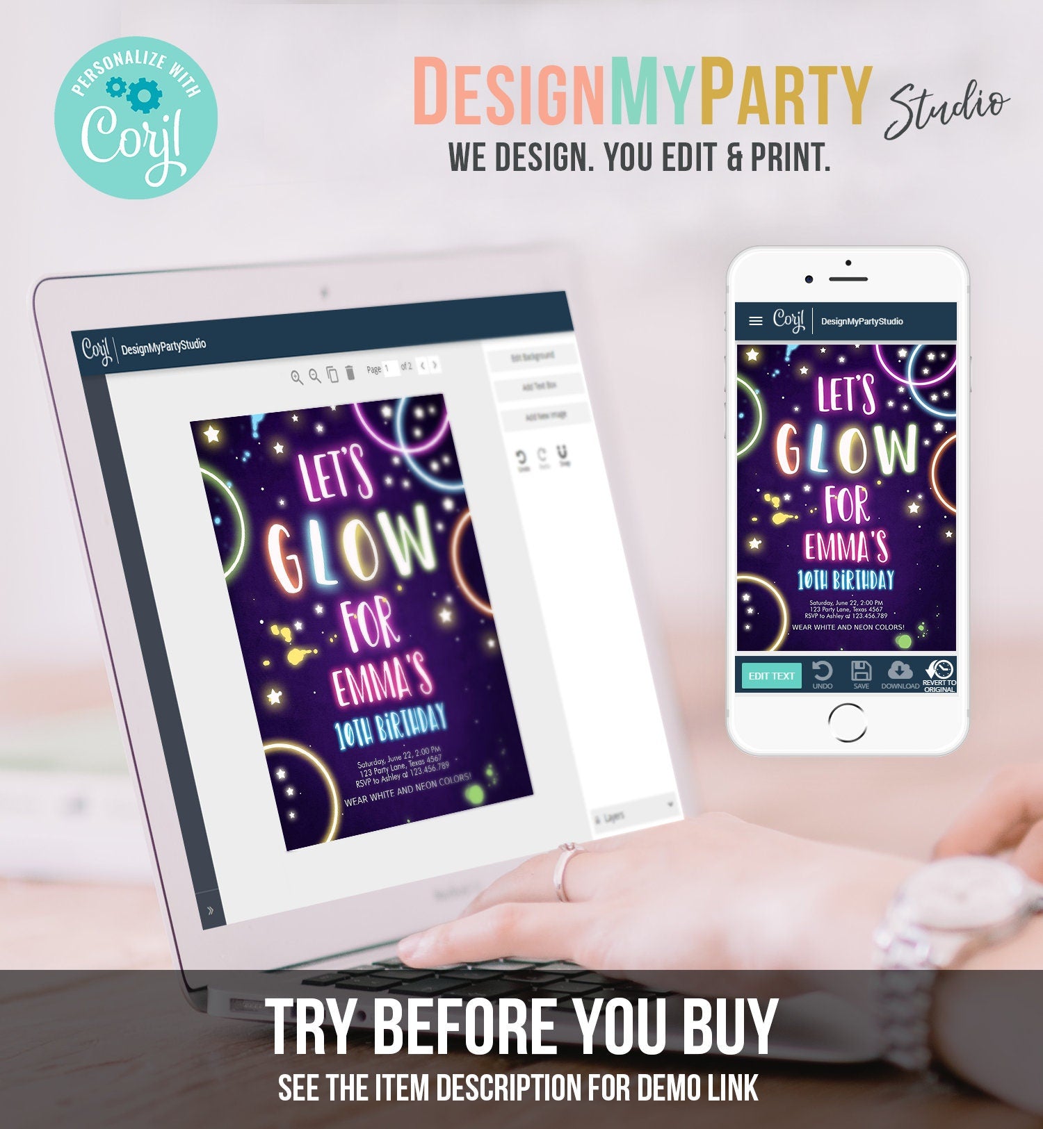 Editable Glow Birthday Invitation Glow Party Invite Neon Glow In The Dark Girls Teen Pink Digital Download Evite Template Printable 0172