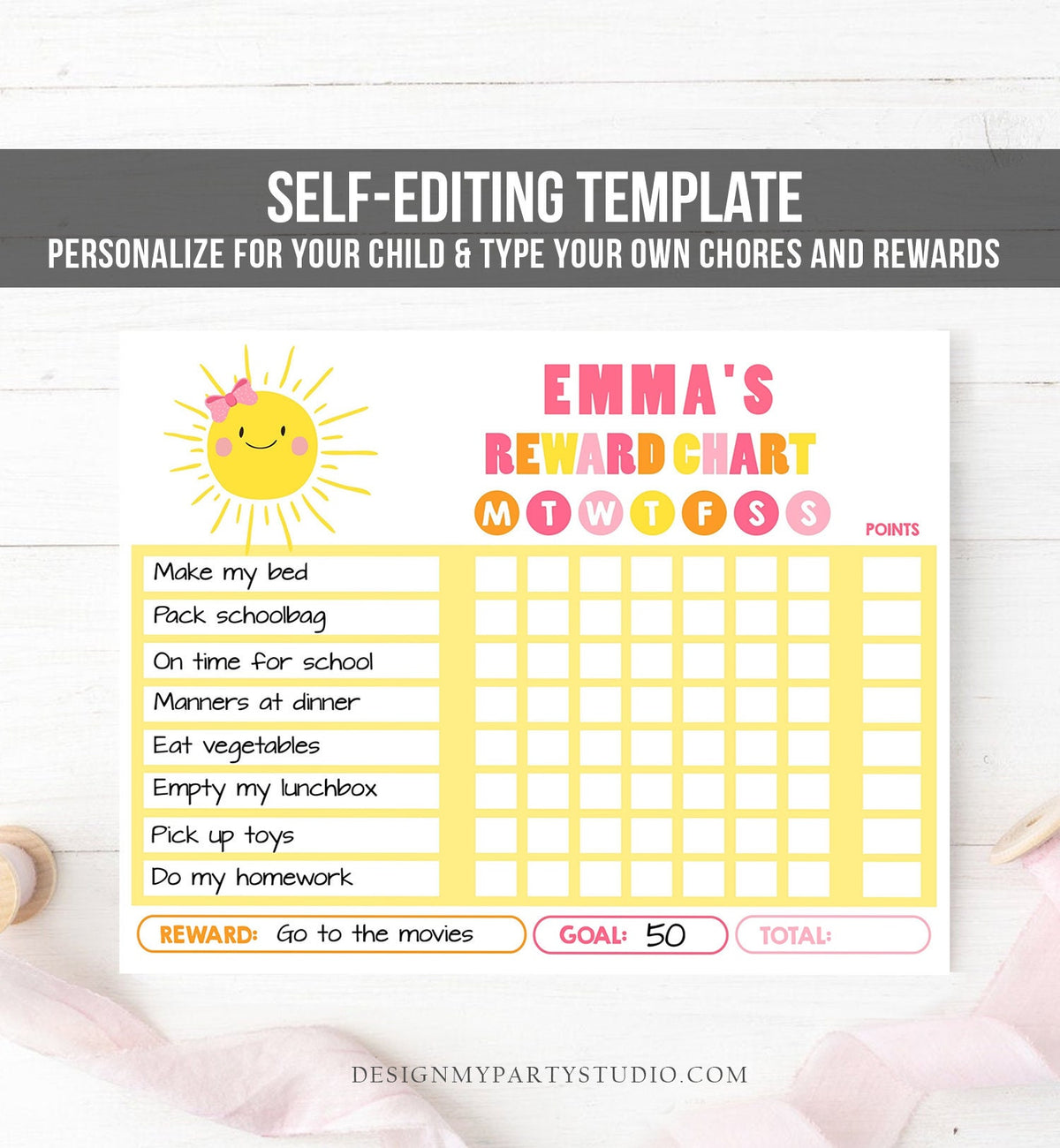 Editable Sunshine Reward Chart for Girls Printable Sunshine Chore Chart for Kids Chores Pink Sun Routine Chart Printable Template Corjl