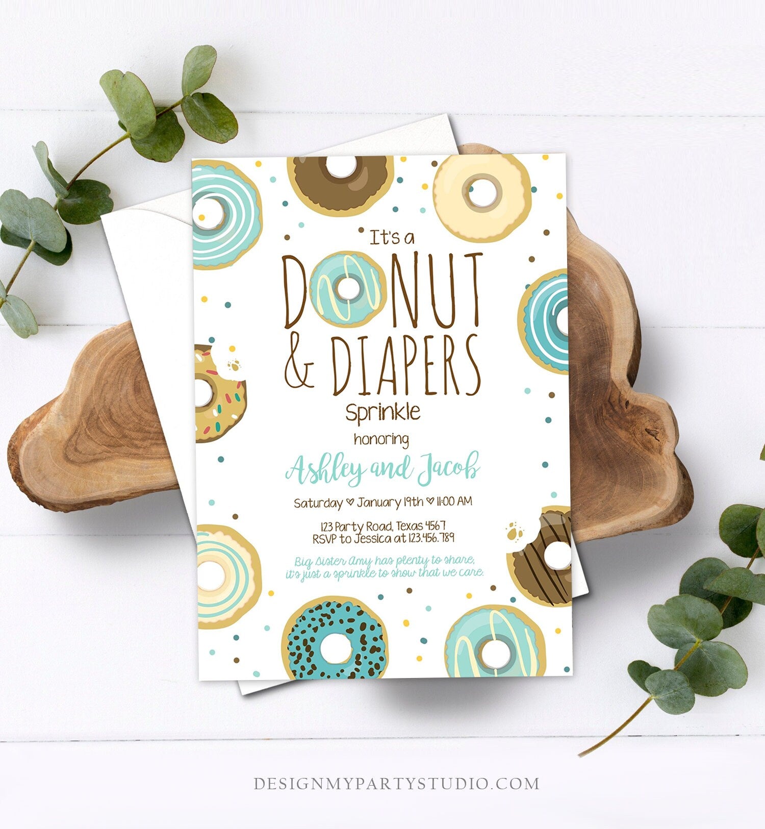 Editable Donut and Diapers Sprinkle Invitation Baby Shower Coed Shower Boy Blue Sweet Evite Digital Download Corjl Template Printable 0050