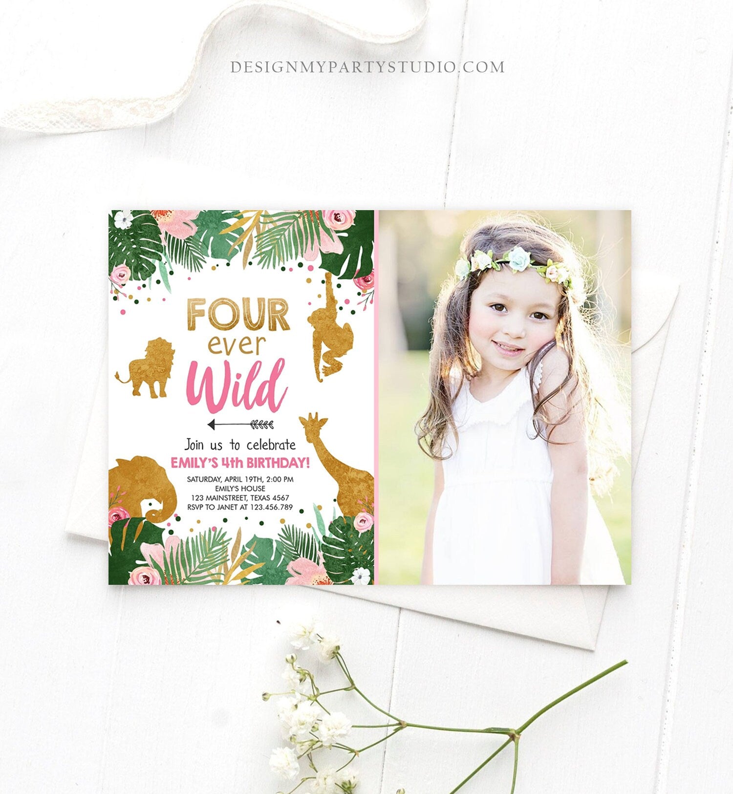 Editable Fourever Wild Birthday Invitation Safari Animals Jungle Zoo Gold Girl Pink 4th Birthday Four Ever Printable Corjl Template 0016