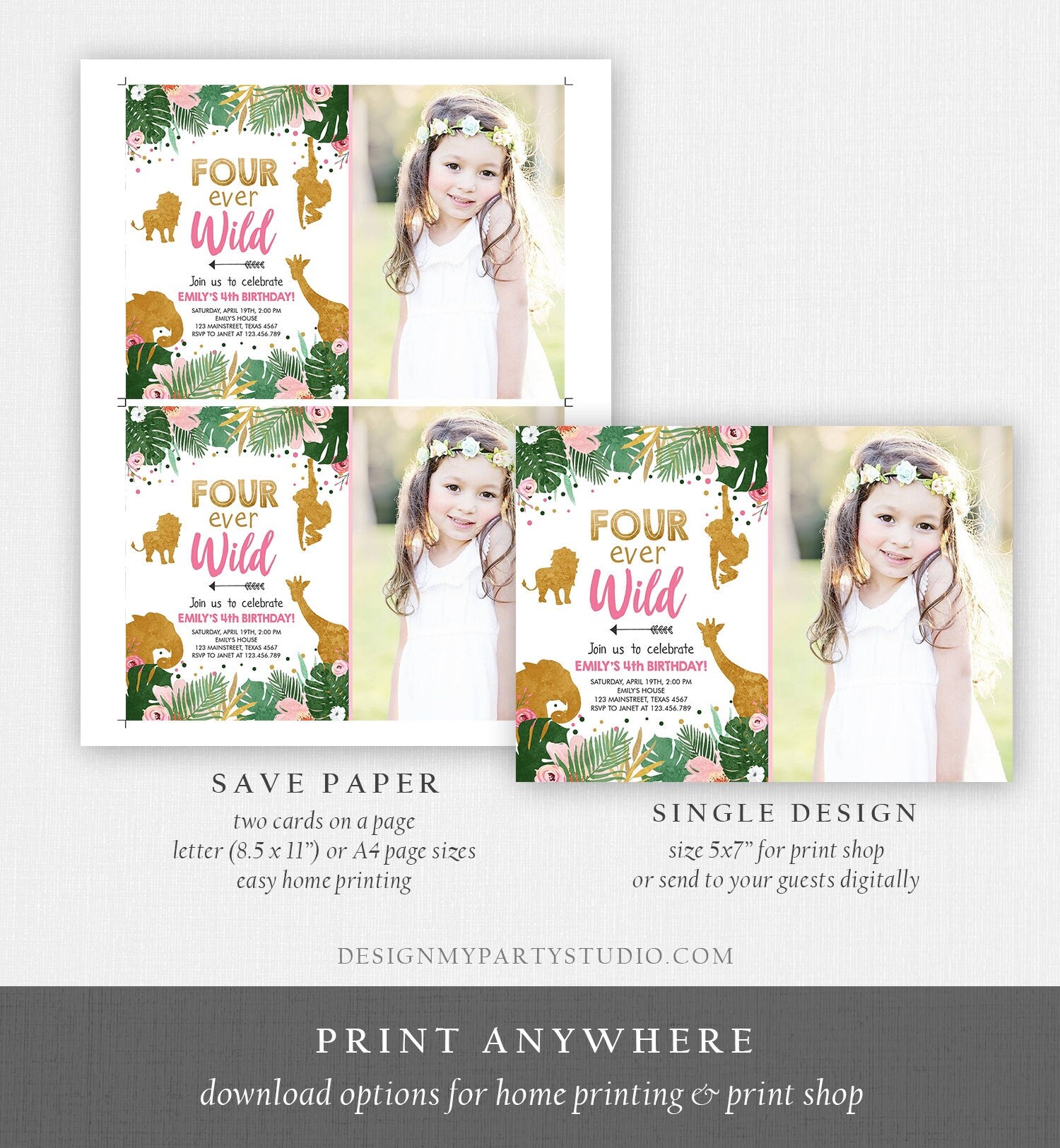 Editable Fourever Wild Birthday Invitation Safari Animals Jungle Zoo Gold Girl Pink 4th Birthday Four Ever Printable Corjl Template 0016