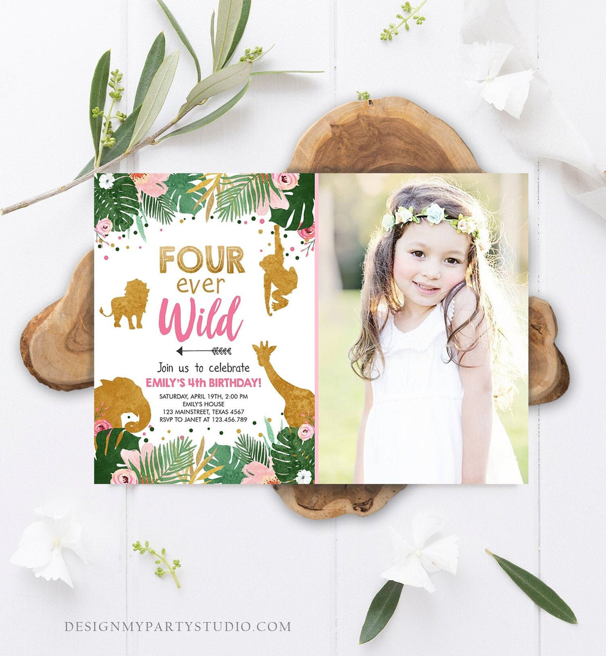 Editable Fourever Wild Birthday Invitation Safari Animals Jungle Zoo Gold Girl Pink 4th Birthday Four Ever Printable Corjl Template 0016