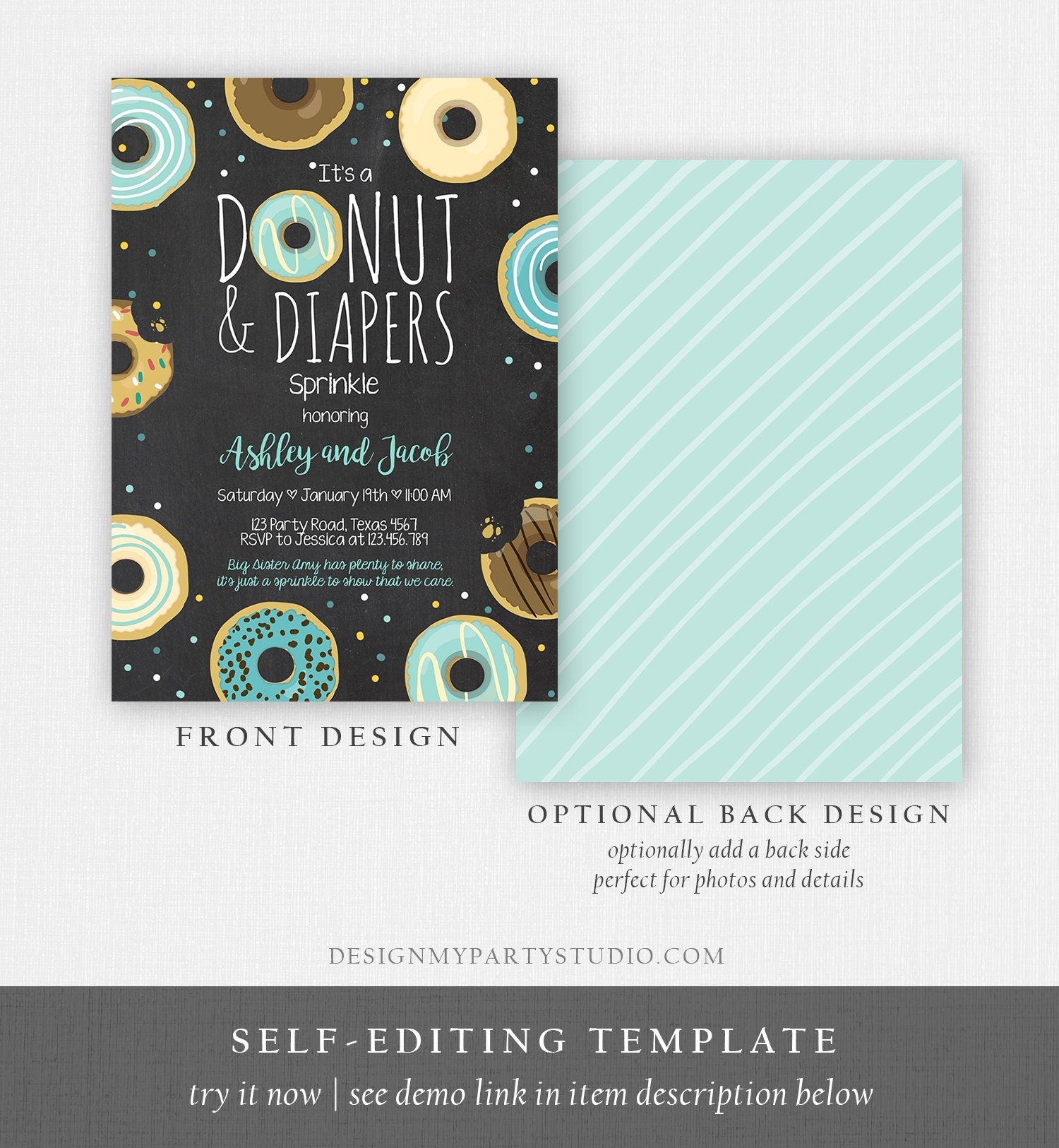 Editable Donut and Diapers Sprinkle Invitation Baby Shower Coed Shower Boy Blue Sweet Instant Download Printable Template Digital Evite 0050