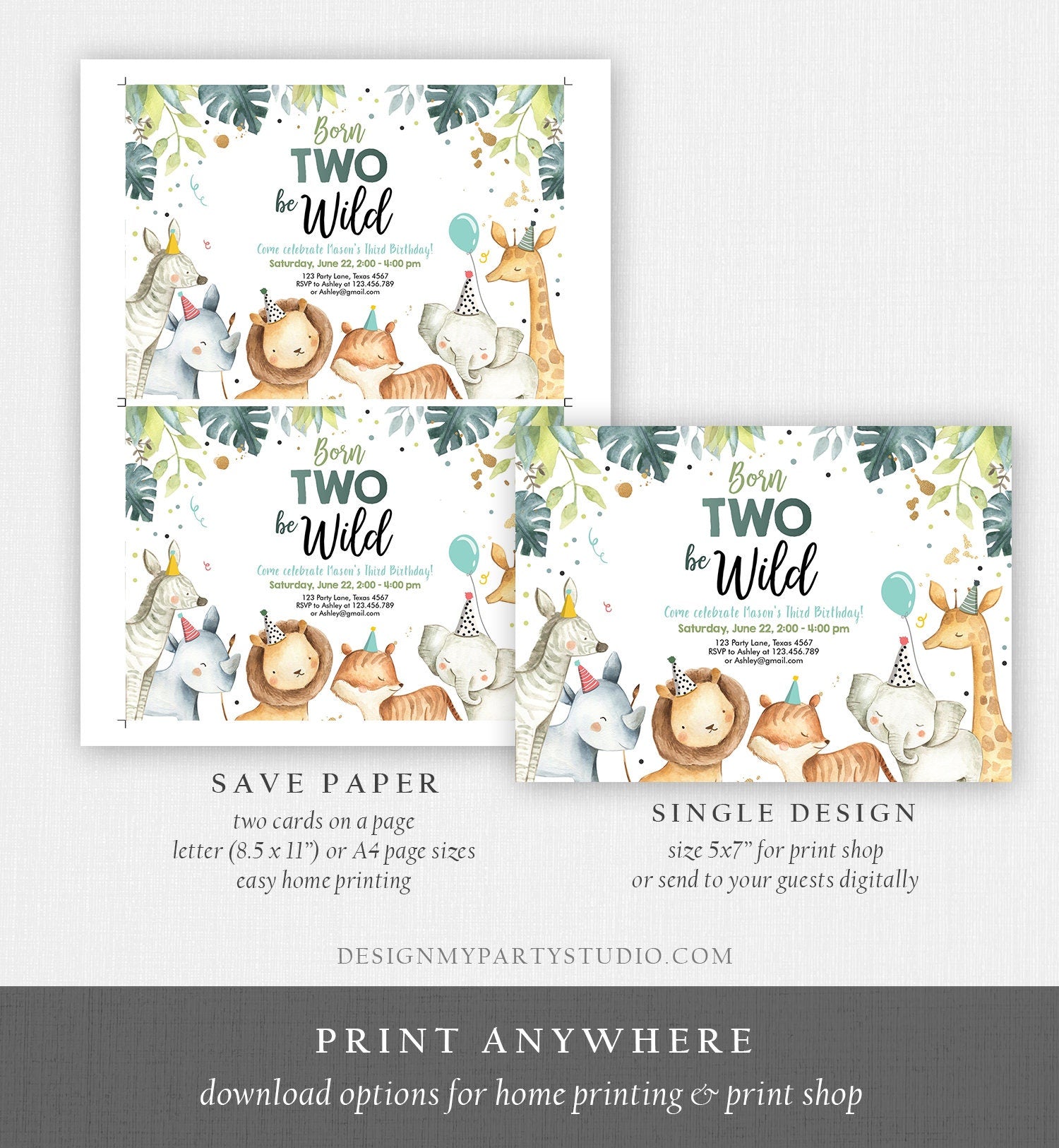 Editable Born Two Be Wild Birthday Invitation Safari Animals Green Gold Boy Jungle Zoo Second Birthday 2nd Printable Corjl Template 0163