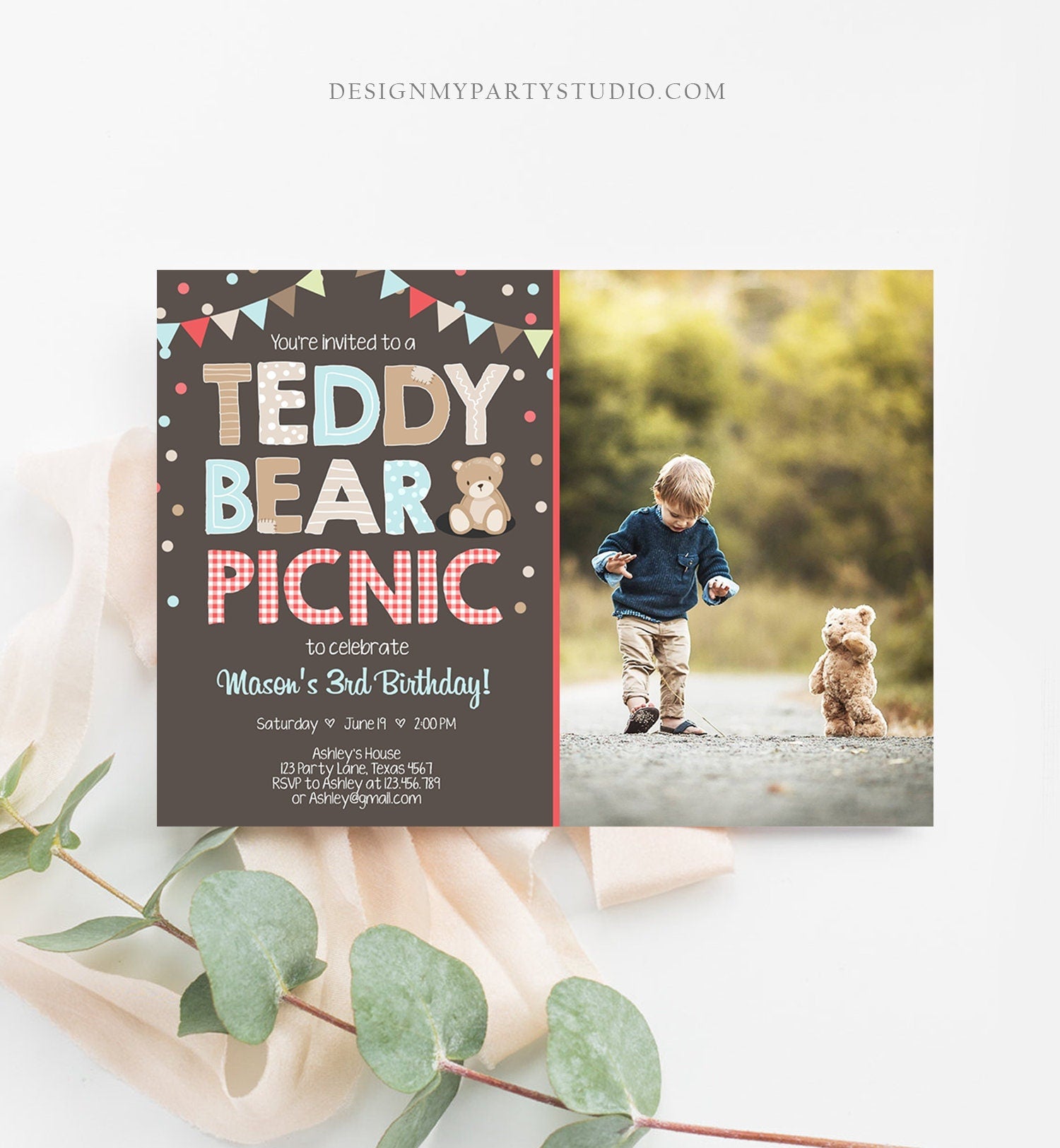 Editable Teddy Bear Picnic Birthday Invitation Boy Blue Brown Red Gingham Bear Picnic Outdoor Party Printable Digital Corjl Template 0100