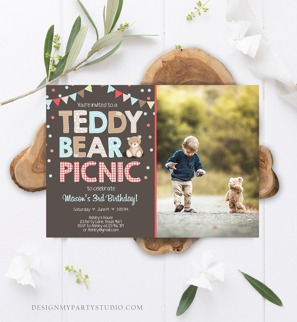 Editable Teddy Bear Picnic Birthday Invitation Boy Blue Brown Red Gingham Bear Picnic Outdoor Party Printable Digital Corjl Template 0100