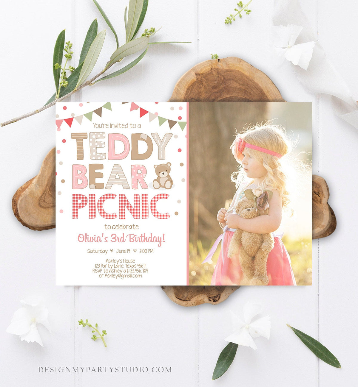 Editable Teddy Bear Picnic Birthday Invitation Girl Pink Red Gingham Bear Picnic Summer Outdoor Party Printable Digital Corjl Template 0100