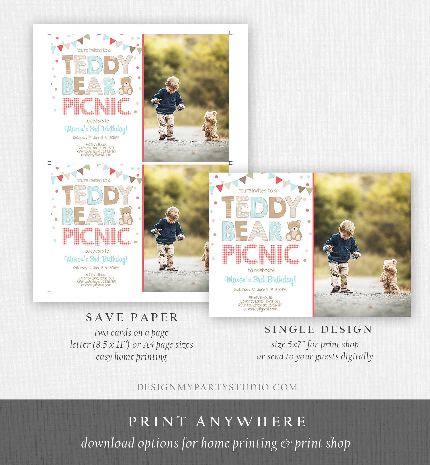 Editable Teddy Bear Picnic Birthday Invitation Boy Blue Brown Red Gingham Bear Picnic Outdoor First Birthday Digital Corjl Template 0100