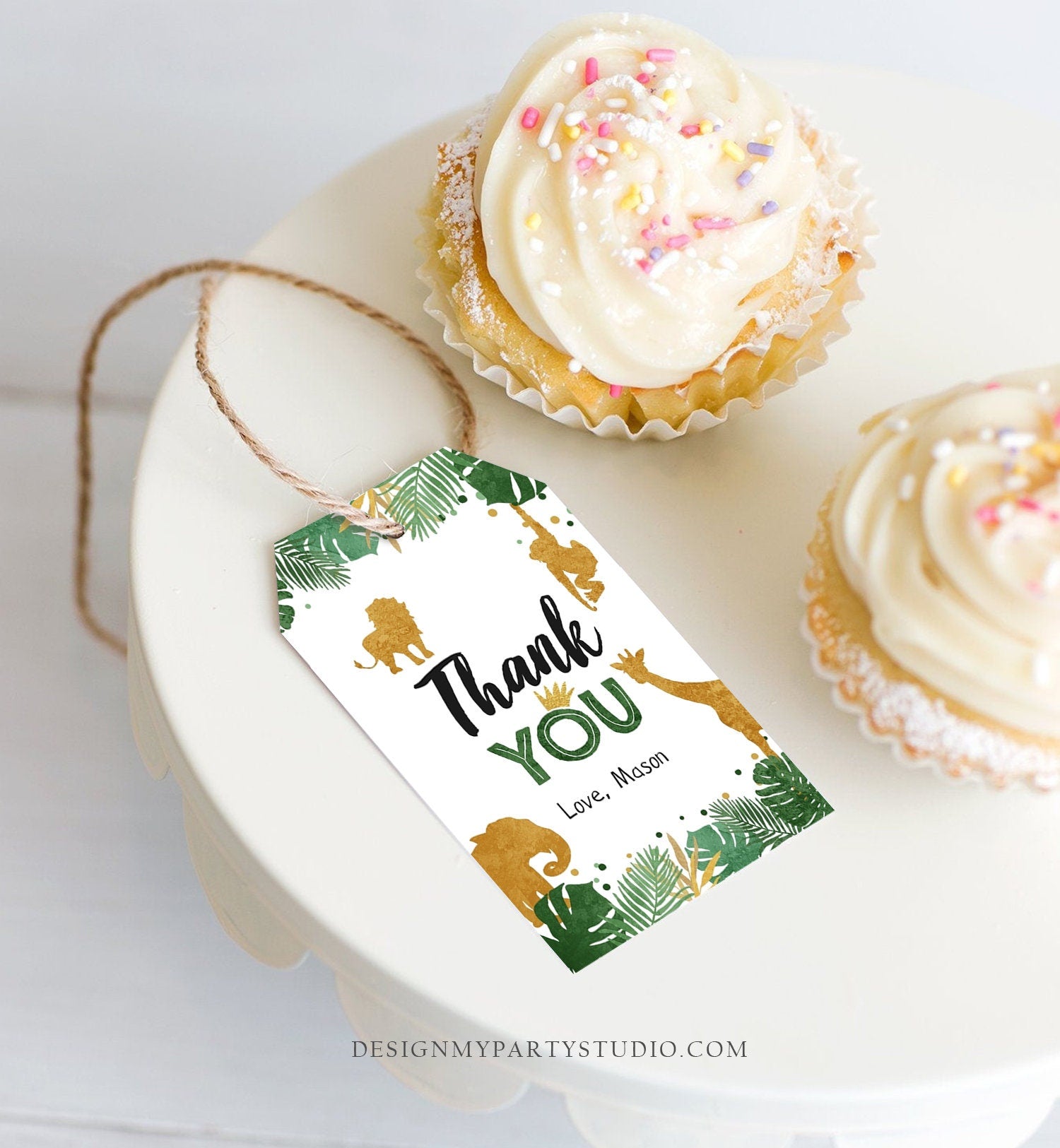 Editable Safari Animals Favor Tags Thank You Wild One Label Jungle Zoo Wild Animals Boy Green Gold Gift Tag Download Corjl Template 0016