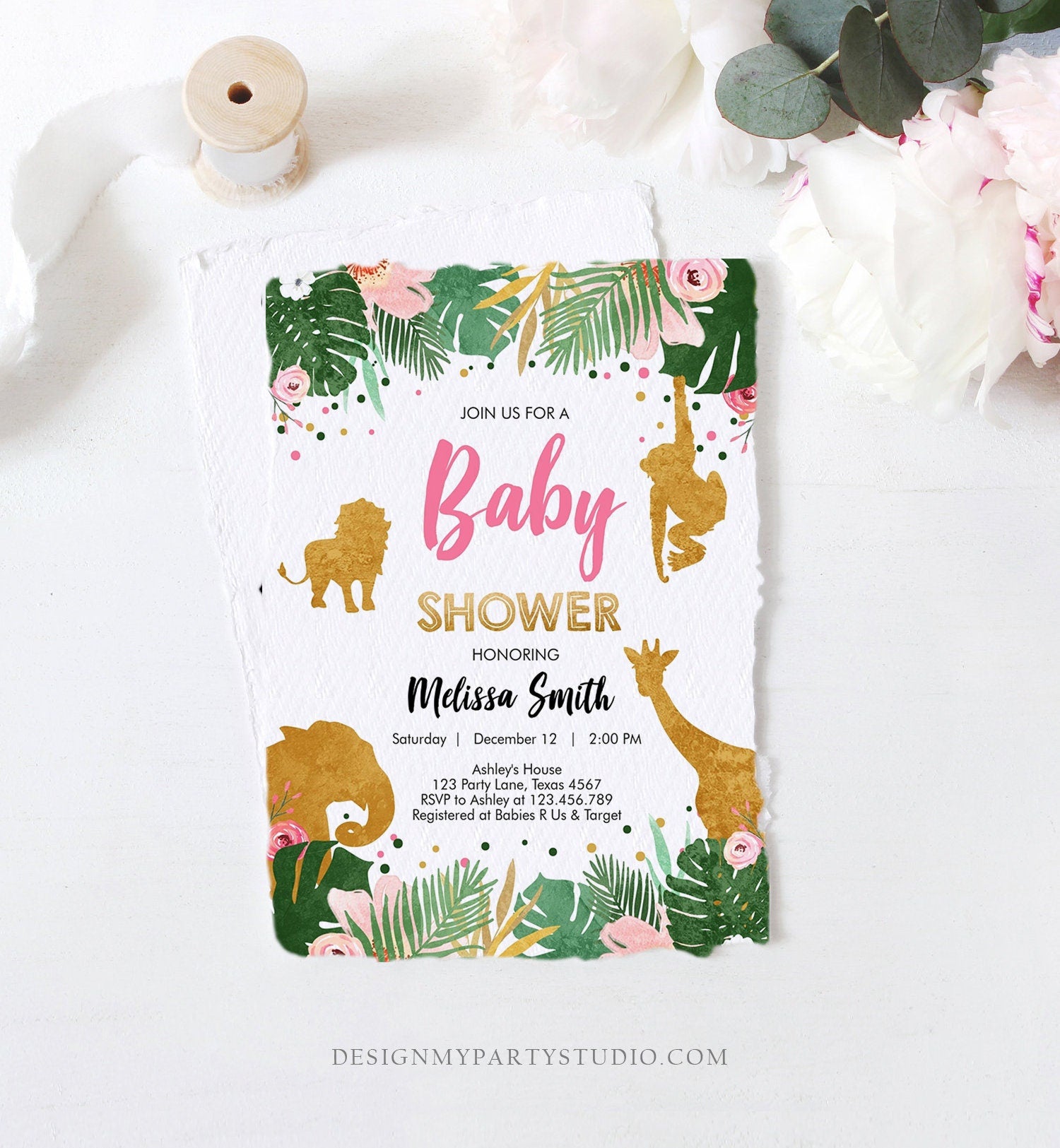 Editable Safari Animals Baby Shower Invitation Wild One Jungle Zoo Wild Animals Pink Gold Girl Corjl Template Instant Download Digital 0016