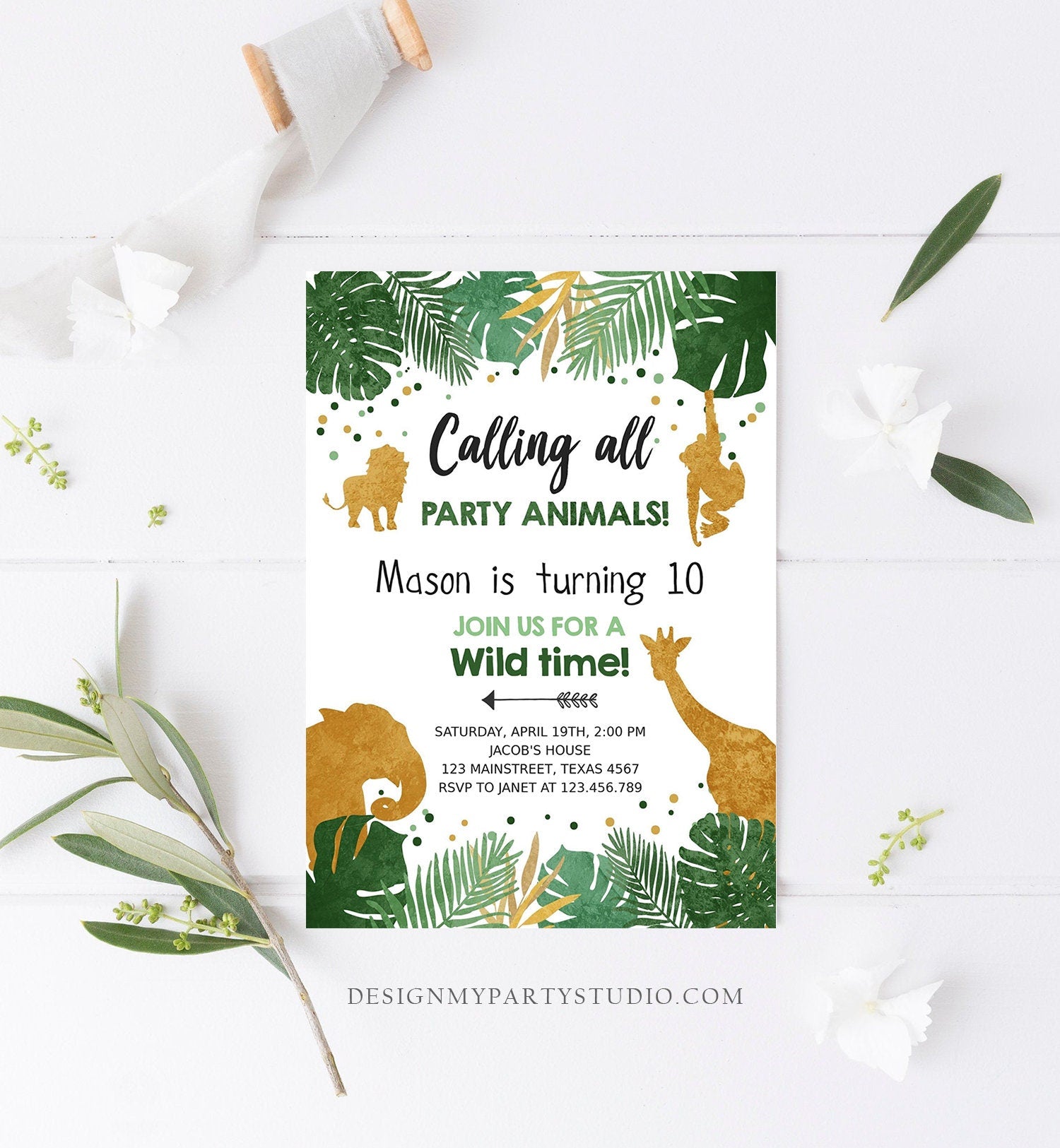 Editable Safari Animals Birthday Invitation ANY AGE Calling All Party Animals Boy Gold Green Jungle Download Printable Corjl Template 0016