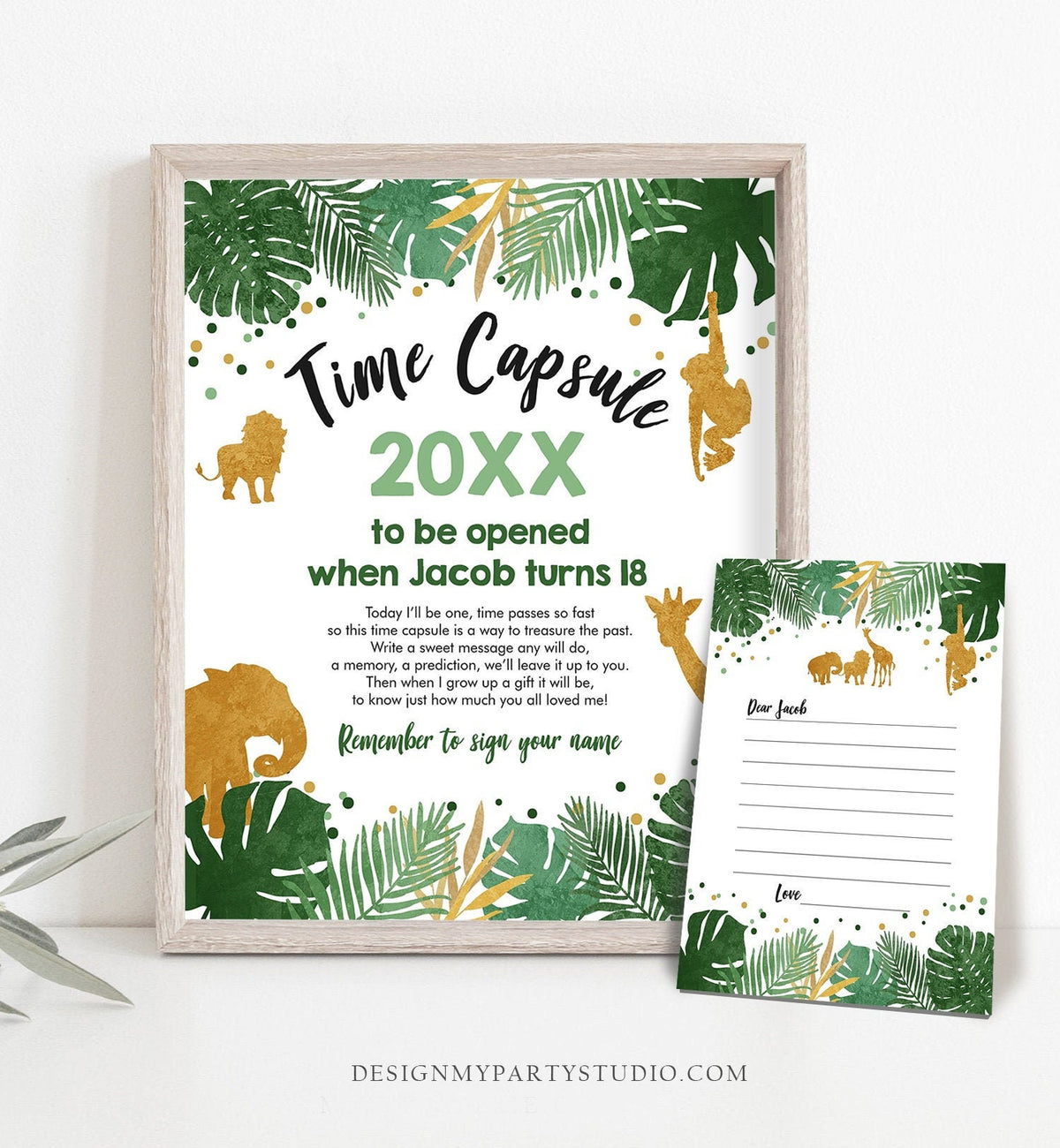 Editable Safari Animals Time Capsule Wild One First Birthday Party Green Gold Boy Party Animals Download Corjl Template Printable 0016