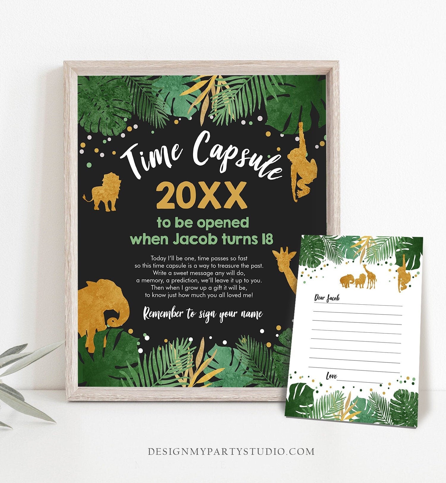 Editable Safari Animals Time Capsule Wild One First Birthday Party Green Gold Boy Zoo Jungle Instant Download Corjl Template Printable 0016