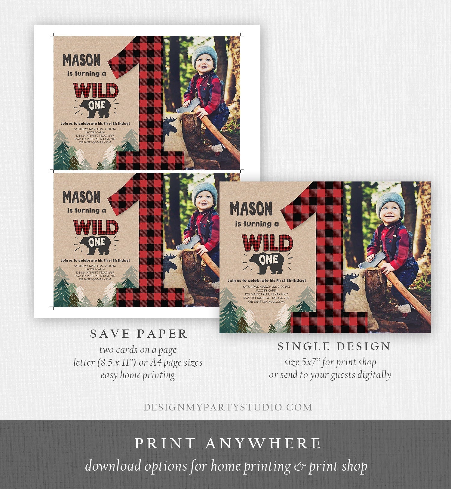 Editable Lumberjack Wild One Birthday Invitation First Birthday Forest Trees Red Plaid Outdoor Bear Boy 1st Corjl Template Printable 0026