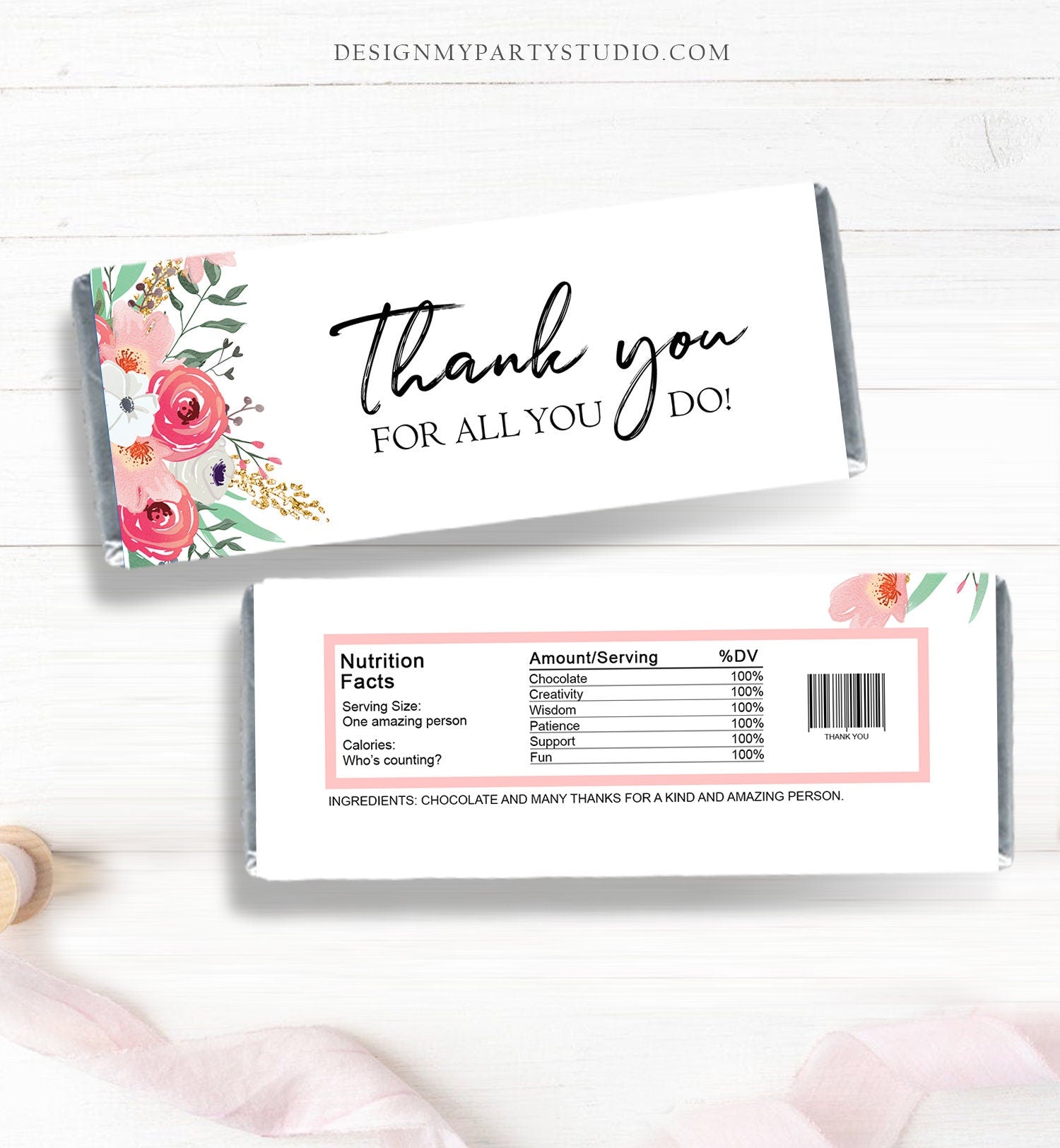 Editable Pink Floral Candy Bar Wrapper Gold Pink Flowers Thank You For All You Do Wrapper Favors Digital Download Template Printable 0030