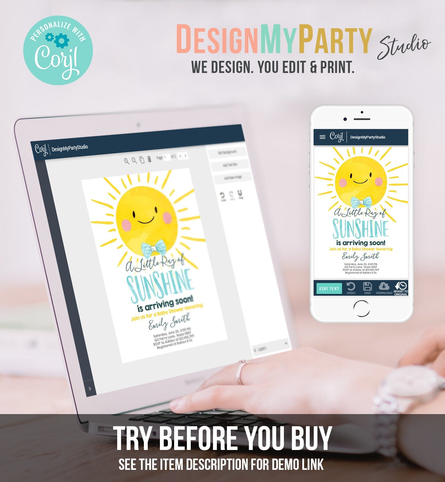 Editable A Little Ray of Sunshine Baby Shower Invitation Blue Yellow Boy Sunshine Party Evite Digital Download Corjl Template Printable 0141