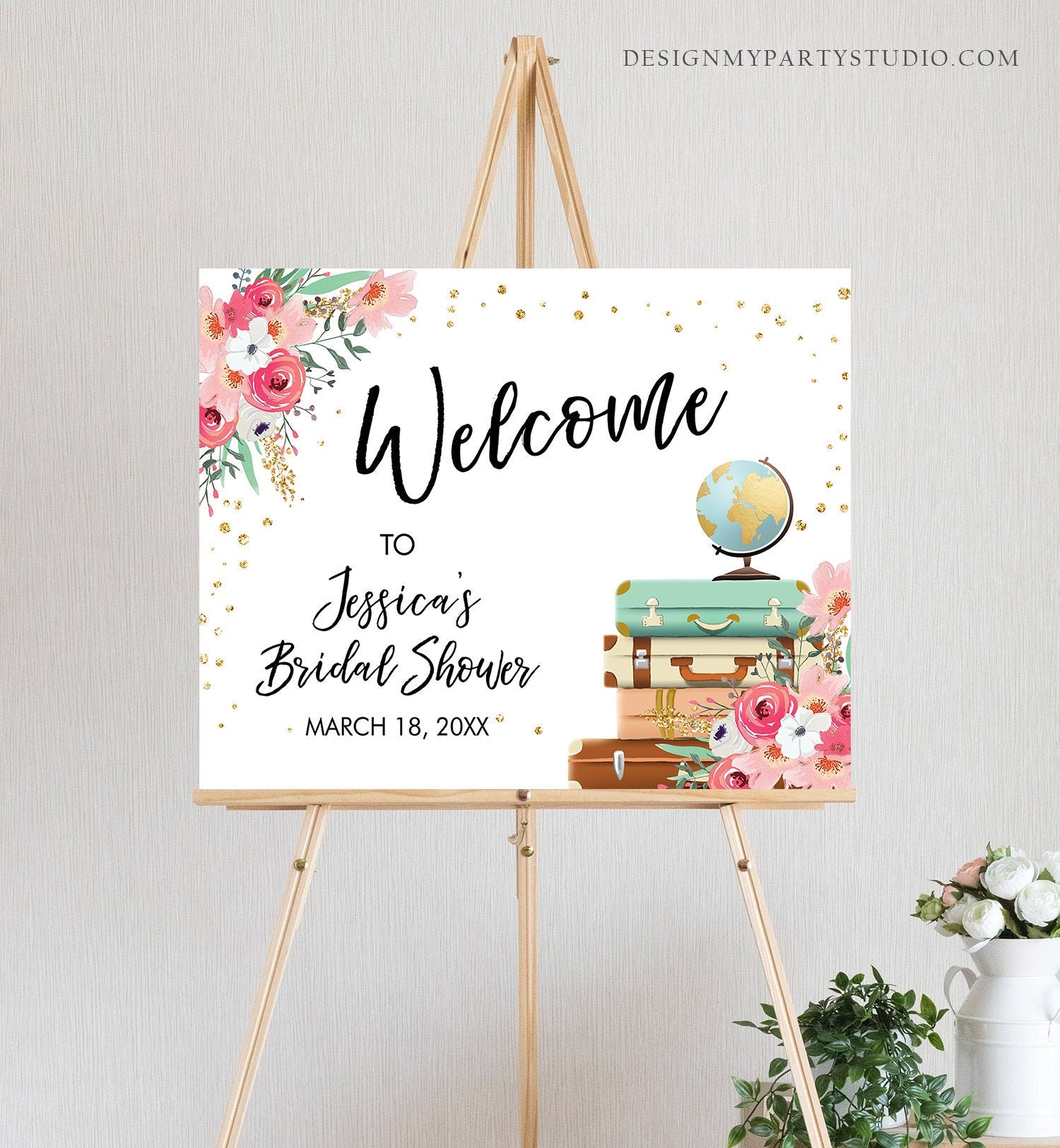 Editable Travel Adventure Welcome Sign Bridal Shower Love is a Journey Floral Pink Gold Suitcases Digital Download Template Printable 0030