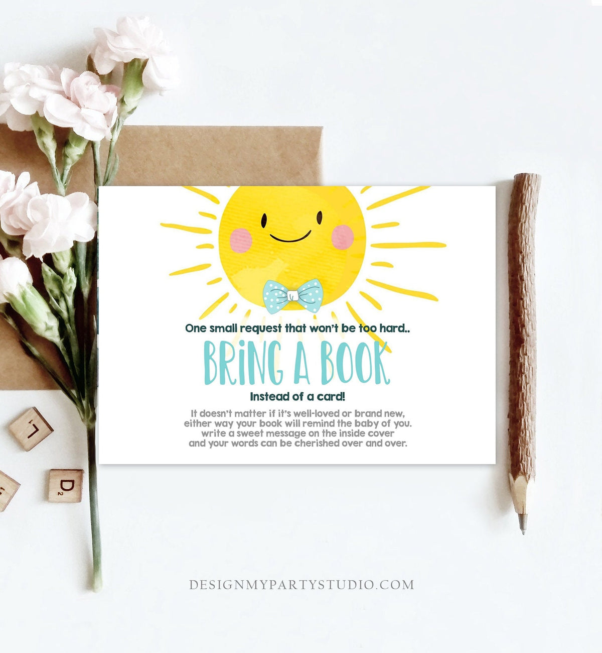 Editable Baby Shower Bring a Book Card A Ray Of Sunshine Little Sunshine Blue Books for Baby Book Request Corjl Template Printable 0141