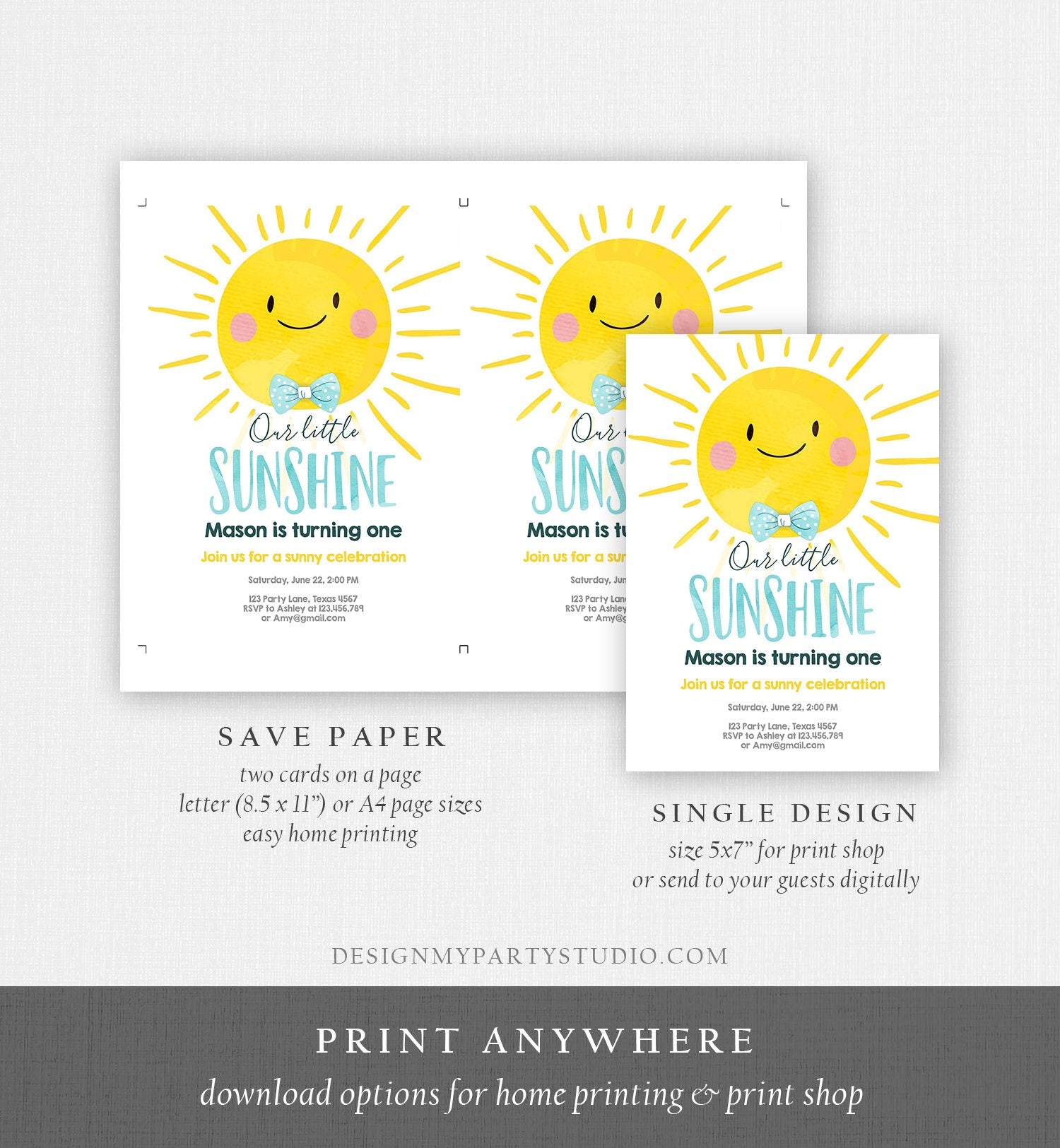 Editable Little Sunshine Birthday Invitation Summer Sunshine Party Boy First Birthday Blue Digital Download Evite Template Printable 0141