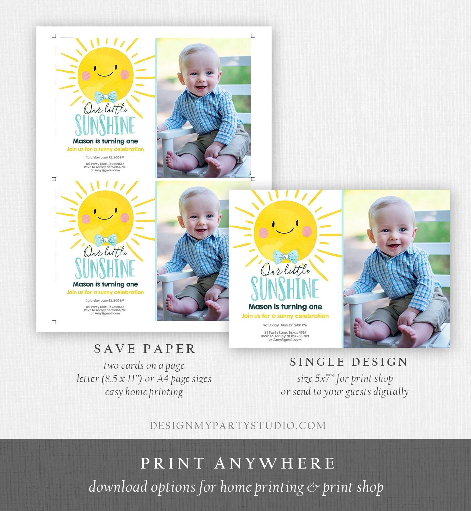 Editable Birthday Invitation Little Sunshine Summer Sunshine Party Boy Birthday Blue Download Printable Invitation Template Corjl 0141