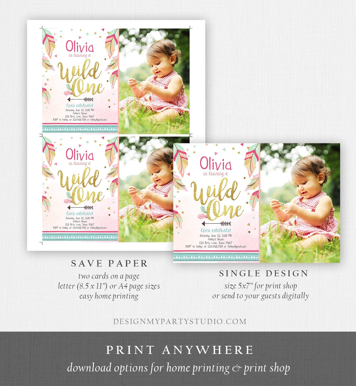 Editable Wild One Invitation Tribal Feathers Girl Pink Teal Gold First Birthday 1st Photo Boho Download Corjl Template Printable 0038