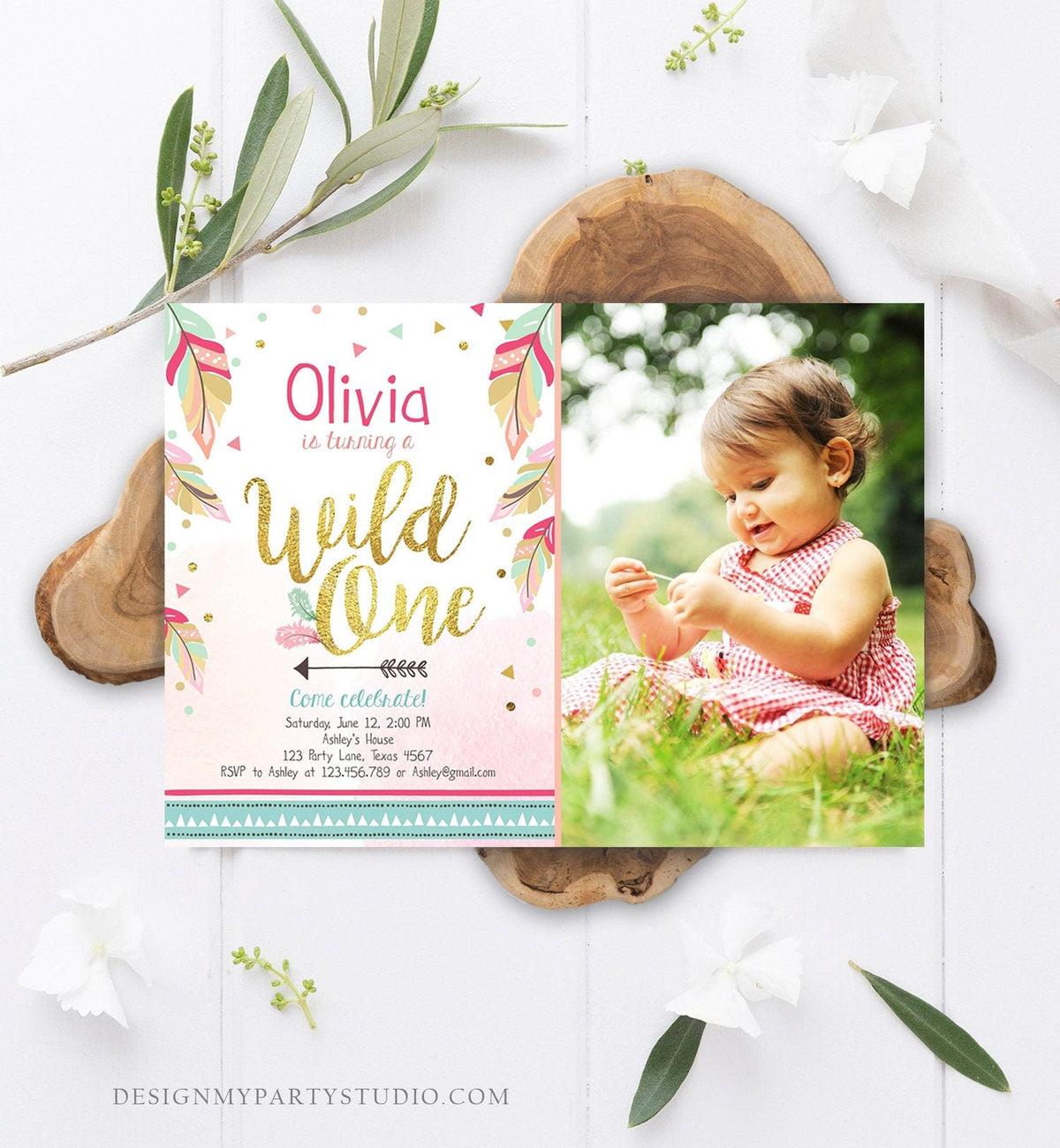 Editable Wild One Invitation Tribal Feathers Girl Pink Teal Gold First Birthday 1st Photo Boho Download Corjl Template Printable 0038