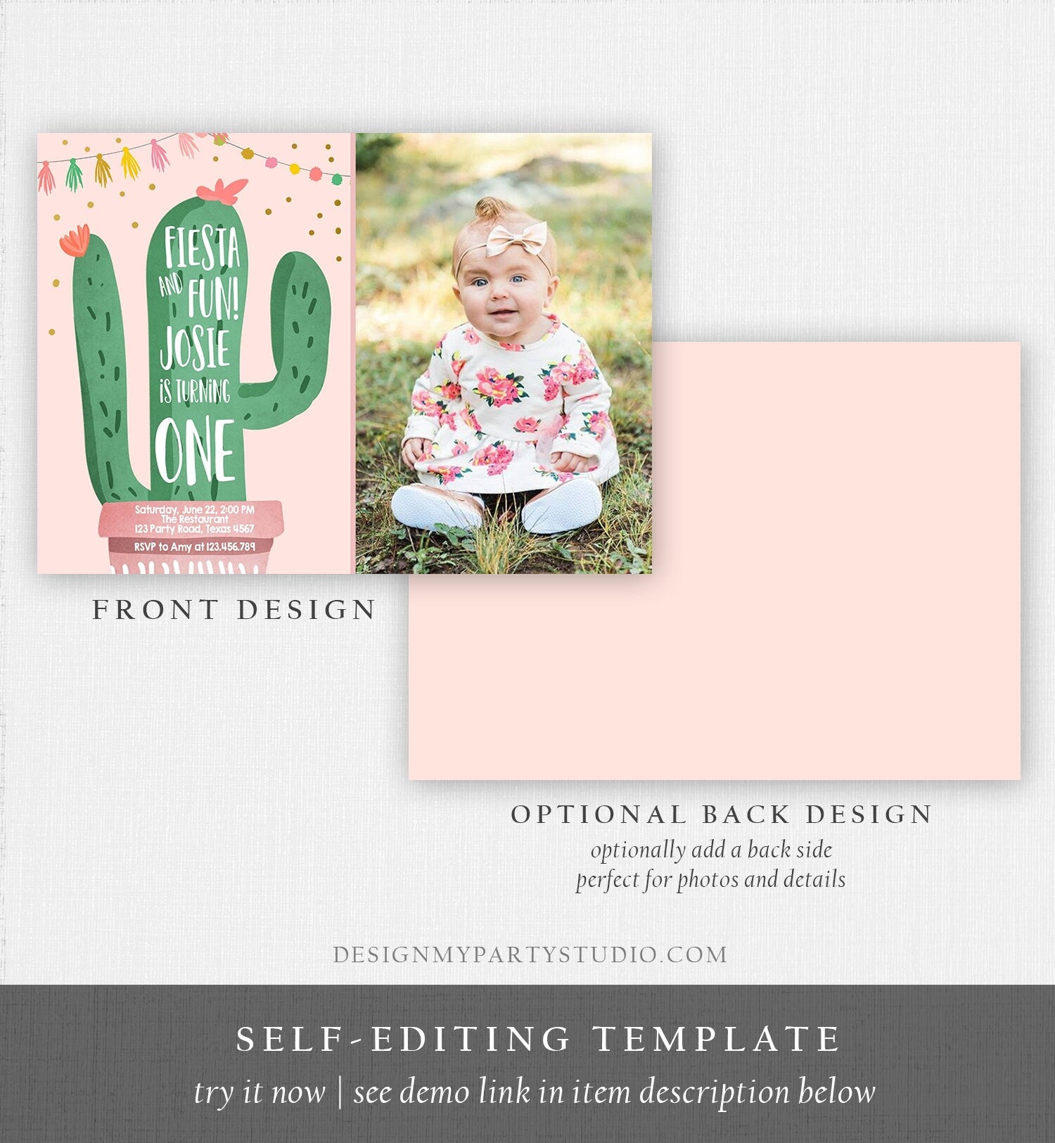 Editable Cactus Fiesta Birthday Invitation Girl Pink First Birthday Succulent 1st Mexican Fiesta and Fun Corjl Photo Template Printable 0255