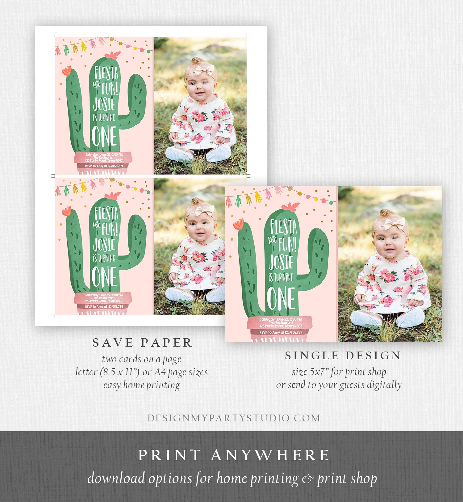 Editable Cactus Fiesta Birthday Invitation Girl Pink First Birthday Succulent 1st Mexican Fiesta and Fun Corjl Photo Template Printable 0255