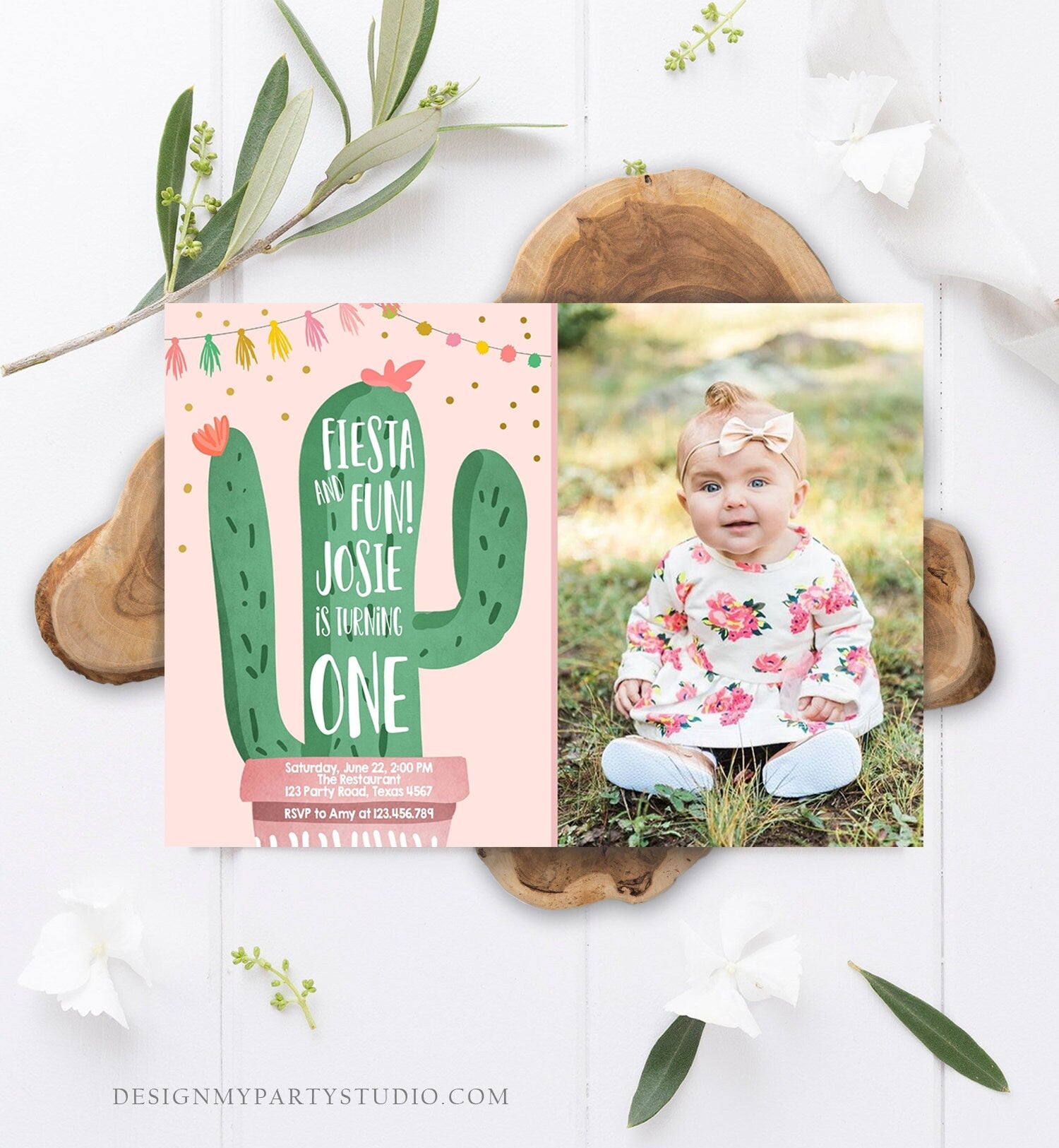 Editable Cactus Fiesta Birthday Invitation Girl Pink First Birthday Succulent 1st Mexican Fiesta and Fun Corjl Photo Template Printable 0255