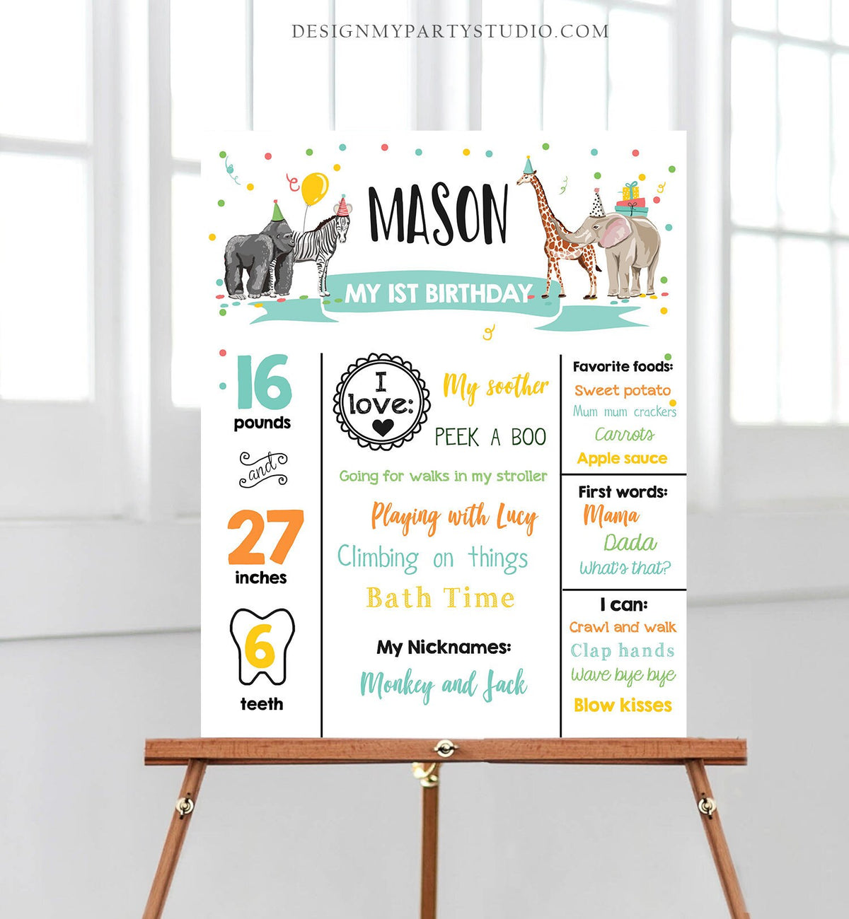 Editable Party Animals Birthday Milestones Boy Blue Sign Wild One Animals Zoo Safari First Birthday 1st Corjl Template Printable 0142