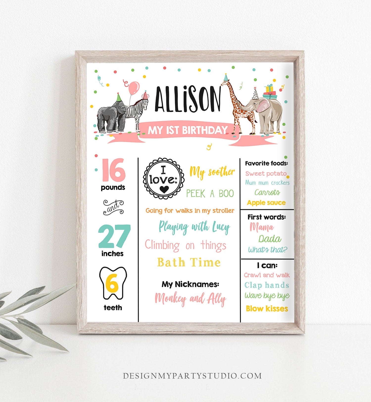 Editable Party Animals Birthday Milestones Girl Pink Sign Wild One Animals Zoo Safari First Birthday 1st Corjl Template Printable 0142