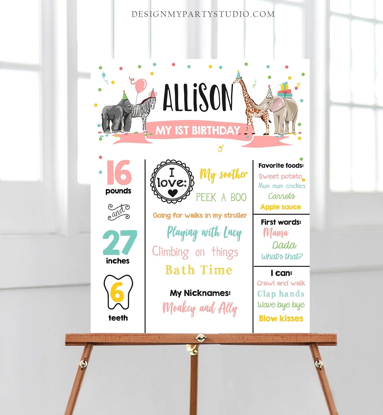 Editable Party Animals Birthday Milestones Girl Pink Sign Wild One Animals Zoo Safari First Birthday 1st Corjl Template Printable 0142