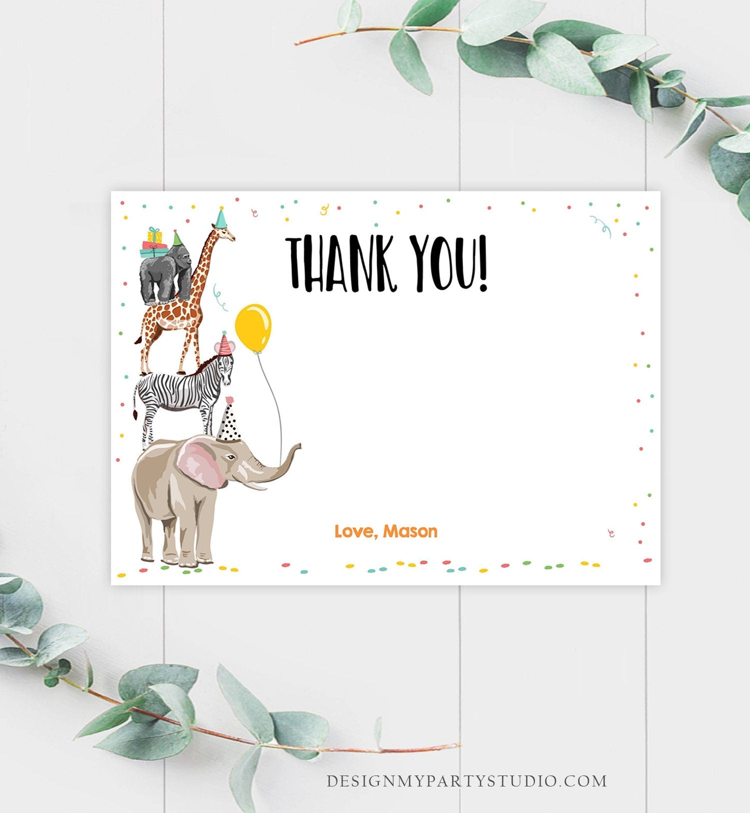 Editable Party Animals Thank You Card Note Wild One Safari Animals Boy Confetti Balloon Jungle Zoo Download Corjl Template Printable 0142