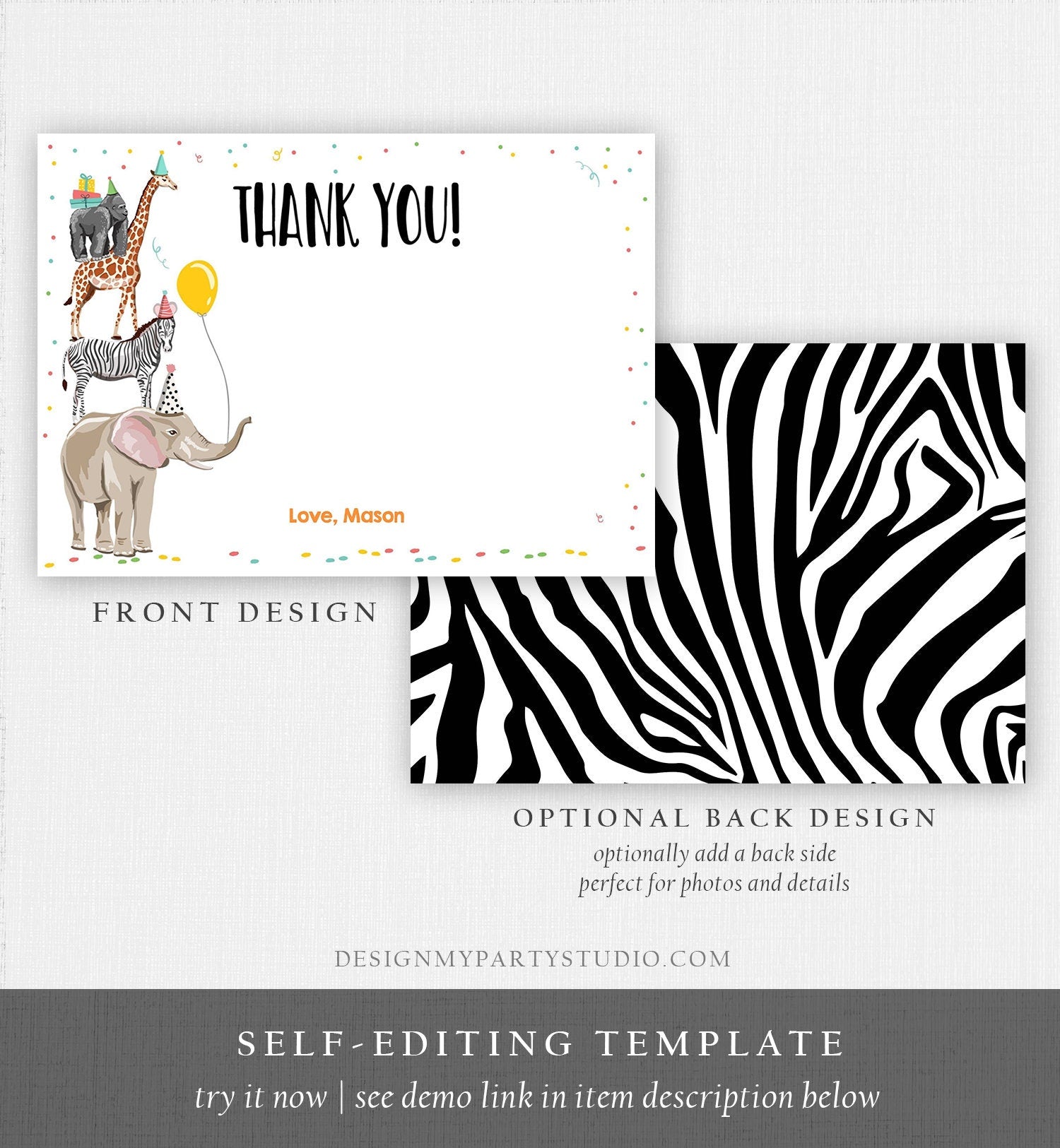 Editable Party Animals Thank You Card Note Wild One Safari Animals Boy Confetti Balloon Jungle Zoo Download Corjl Template Printable 0142