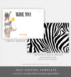 Editable Party Animals Thank You Card Note Wild One Safari Animals Boy Confetti Balloon Jungle Zoo Download Printable Corjl Template 0142