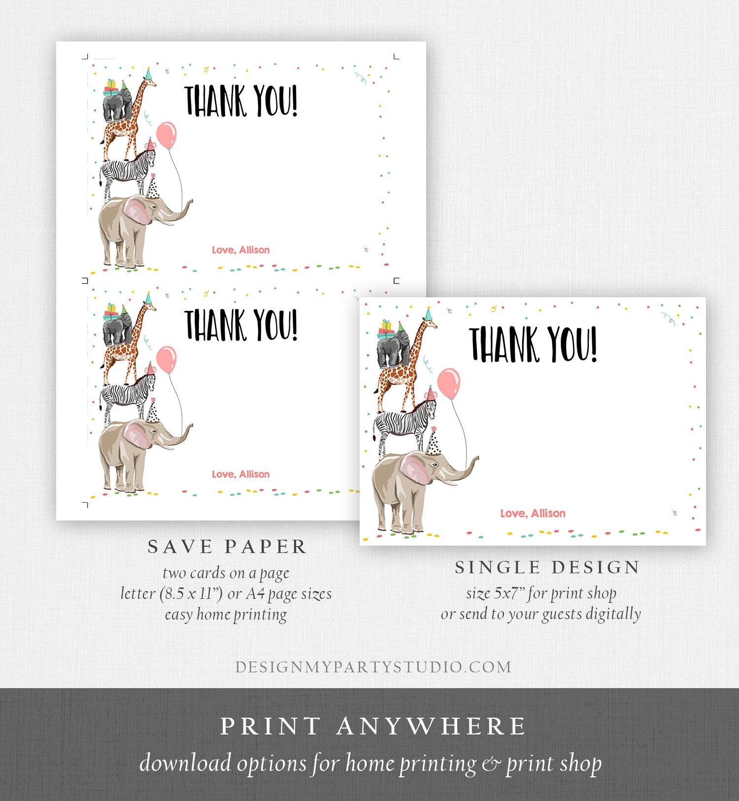 Editable Party Animals Thank You Card Note Wild One Safari Animals Girl Confetti Balloon Jungle Zoo Download Printable Corjl Template 0142