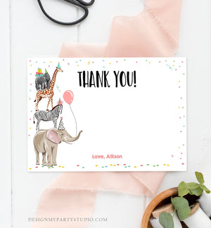 Editable Party Animals Thank You Card Note Wild One Safari Animals Girl Confetti Balloon Jungle Zoo Download Printable Corjl Template 0142