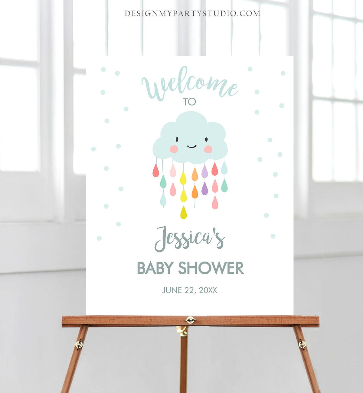 Editable Welcome Sign Baby Shower Cloud Welcome Baby Sprinkle Raindrops Rain Cloud Rainbow Gender Neutral Digital Template PRINTABLE 0036