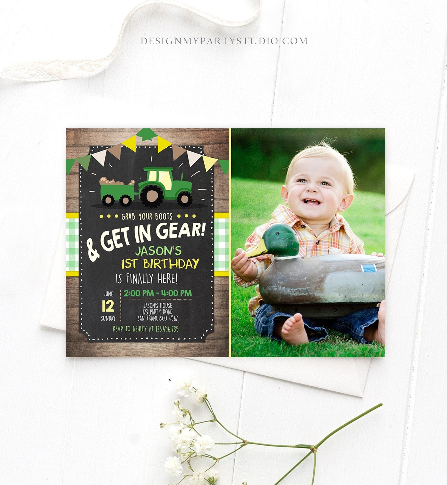 Editable Tractor Birthday Invitation Farm Birthday Barnyard Green Yellow Birthday Boy Download Printable Invitation Template Corjl 0095