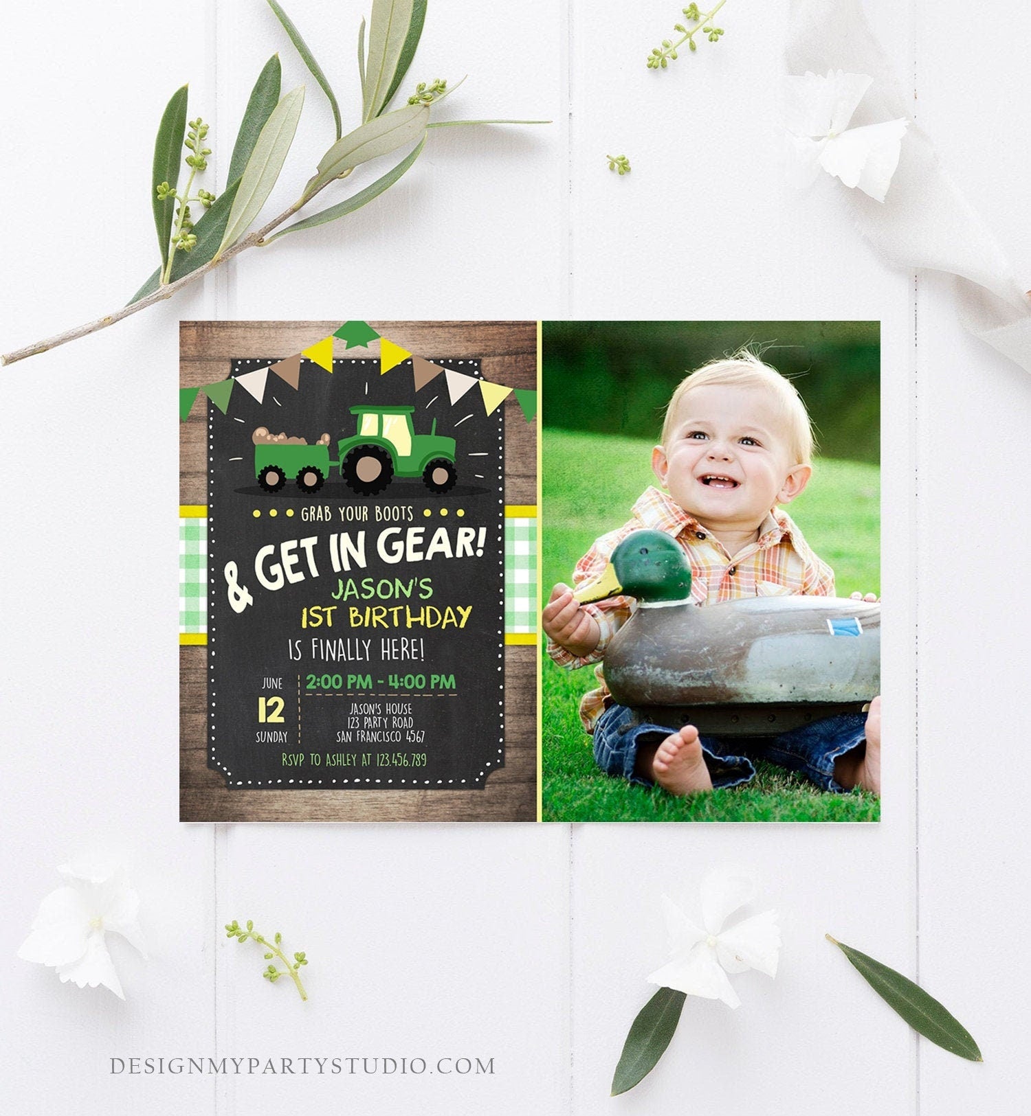 Editable Tractor Birthday Invitation Farm Birthday Barnyard Green Yellow Birthday Boy Download Printable Invitation Template Corjl 0095