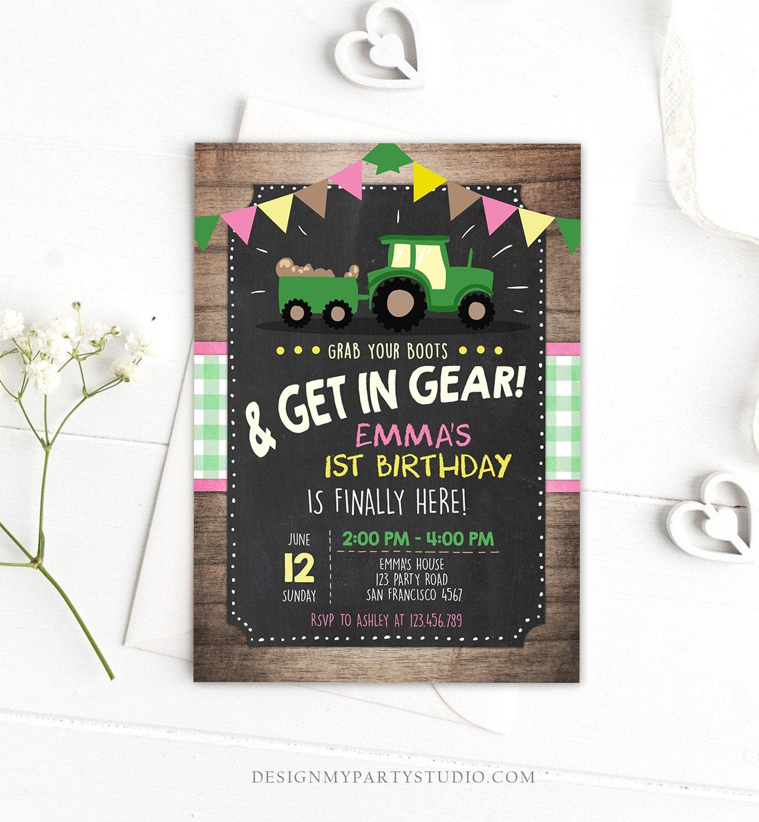 Editable Tractor Birthday Invitation Farm Birthday Barnyard Green Pink Birthday Boy Download Printable Invitation Template Corjl 0095