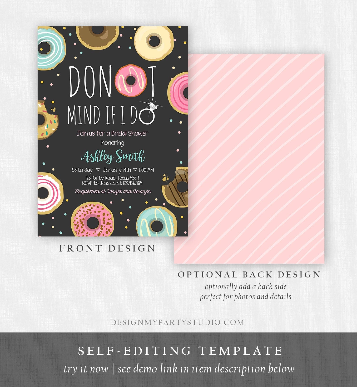 Editable Donut Mind If I Do Bridal Shower Invitation Sweet Pink Teal Ring Doughnut Donut and Diamonds Coed Joined Shower Corjl Template 0050