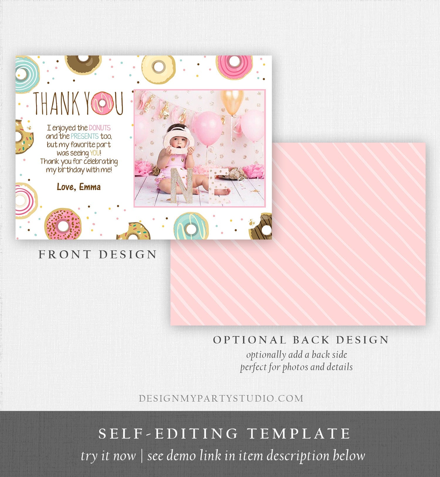 Editable Donut Thank You Card Note Pink Girl Birthday Party Doughnut Thank You Photo Sweet First 1st Digital Template Printable 0050