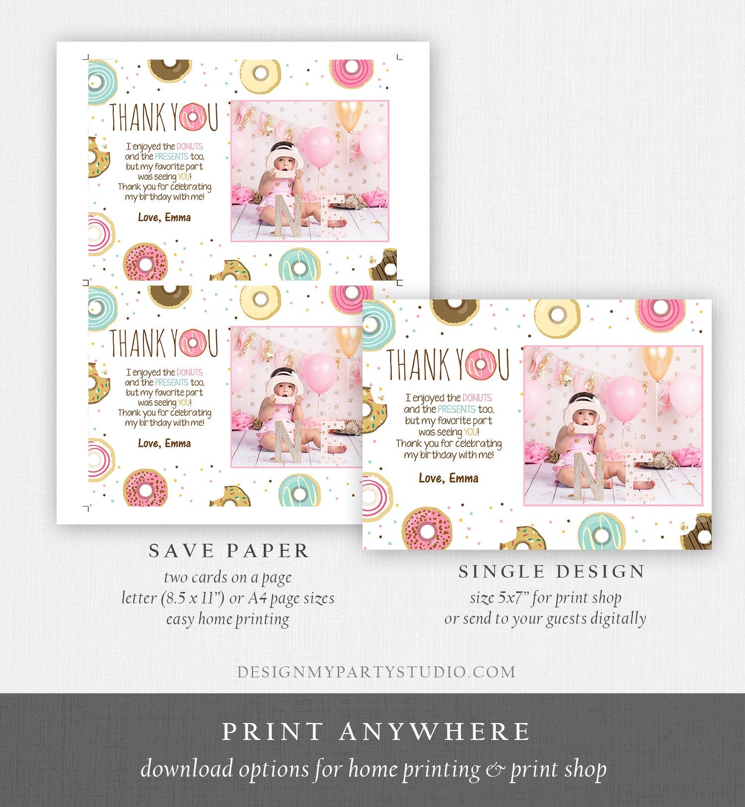 Editable Donut Thank You Card Note Pink Girl Birthday Party Doughnut Thank You Photo Sweet First 1st Digital Template Printable 0050